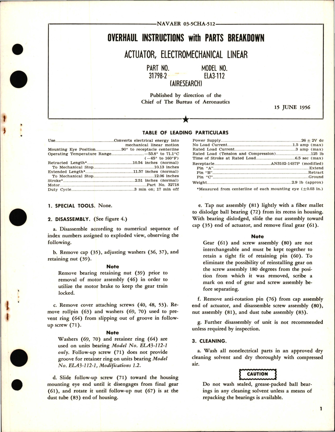 Sample page 1 from AirCorps Library document: Overhaul Instructions with Parts Breakdown for Electromechanical Linear Actuator - Part 31798-2 - Model ELA3-112 
