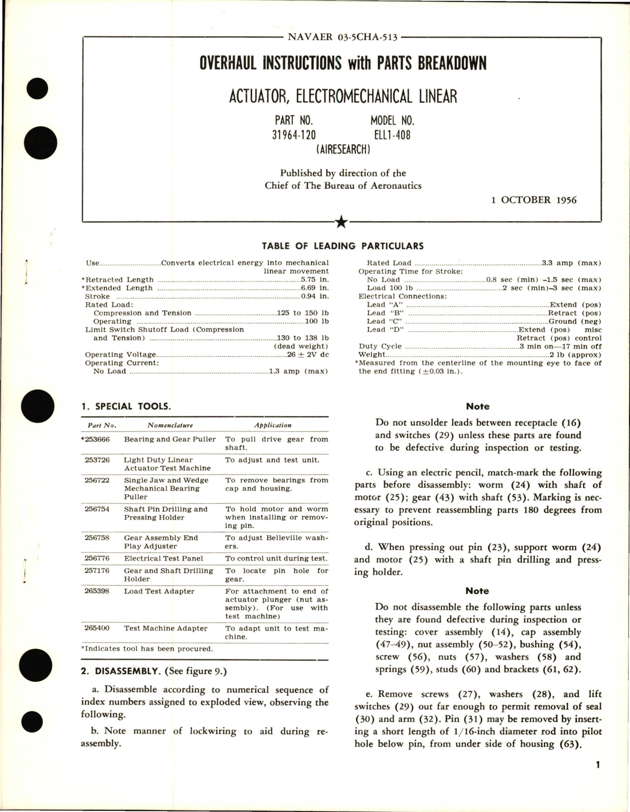 Sample page 1 from AirCorps Library document: Overhaul Instructions with Parts Breakdown for Electromechanical Linear Actuator - Part 31964-120 - Model ELL1-408 