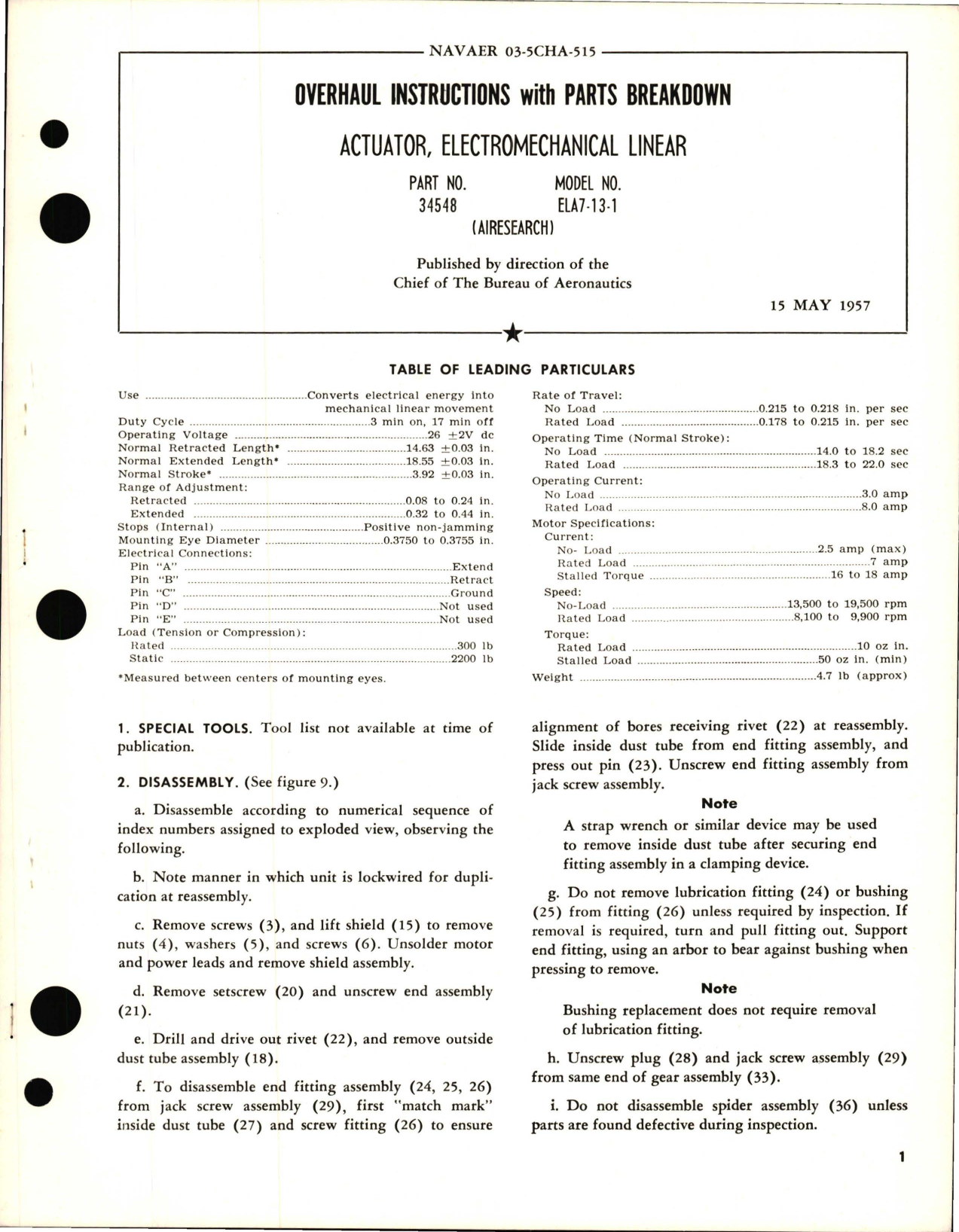 Sample page 1 from AirCorps Library document: Overhaul Instructions with Parts Breakdown for Electromechanical Linear Actuator - Part 34548 - Model ELA7-13-1