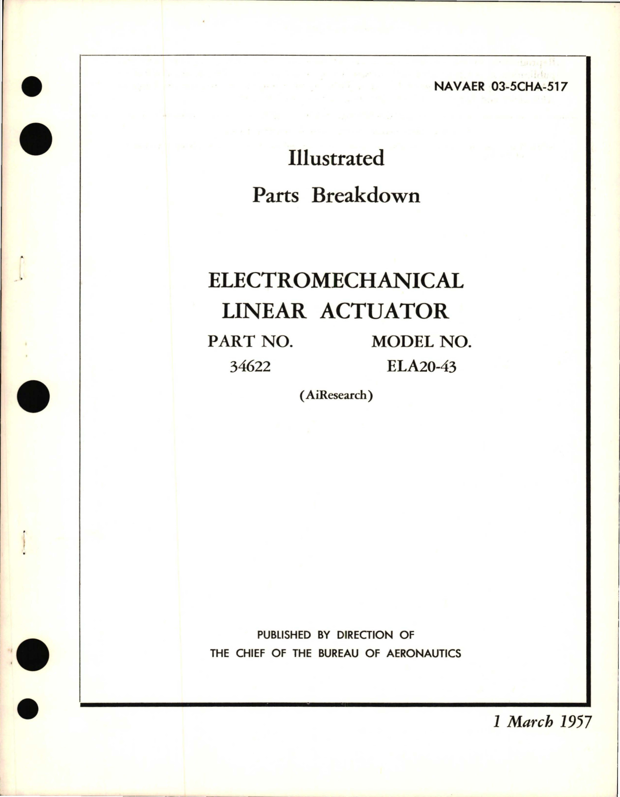 Sample page 1 from AirCorps Library document: Illustrated Parts Breakdown for Electromechanical Linear Actuator - Part 34622 - Model ELA20-43