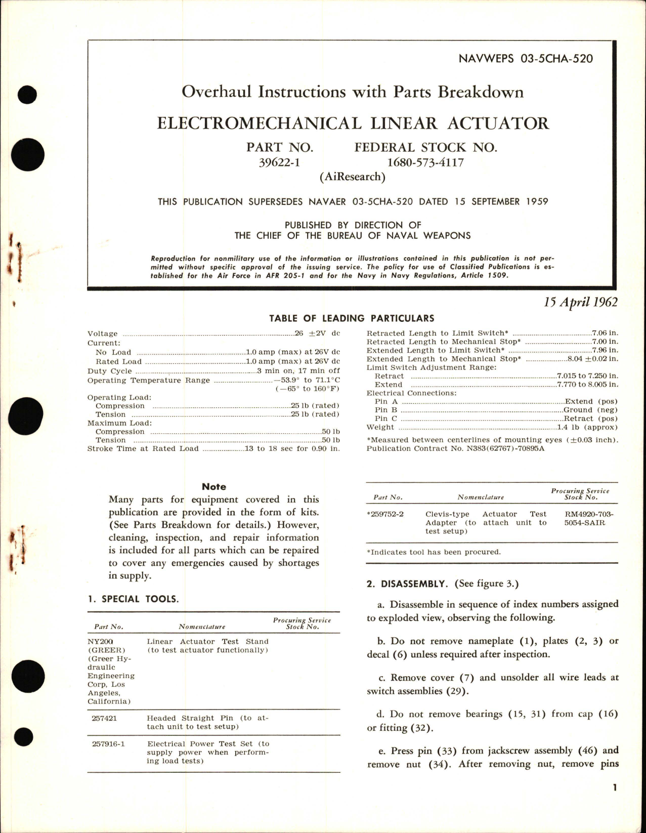 Sample page 1 from AirCorps Library document: Overhaul Instructions with Parts Breakdown Electromechanical Linear Actuator - Part 39622-1