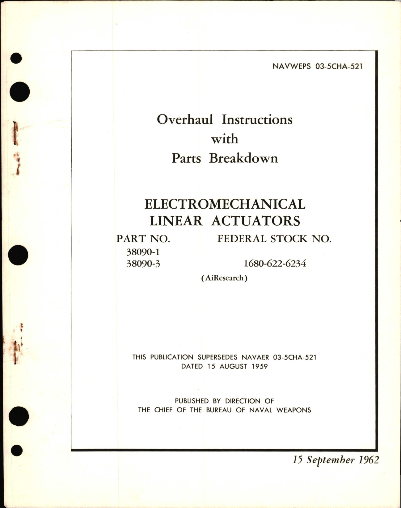 Sample page 1 from AirCorps Library document: Overhaul Instructions with Parts Breakdown for Electromechanical Linear Actuators - Part 38090-1 and 380190-3