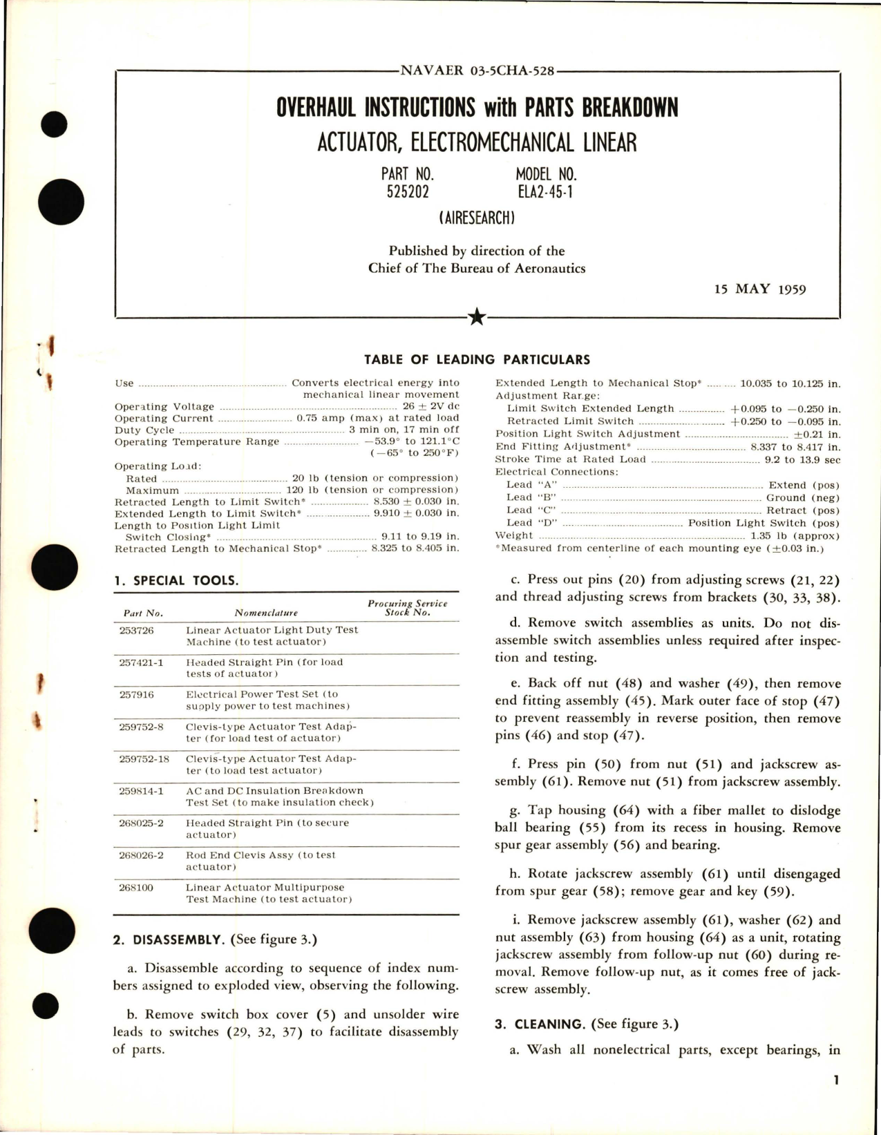 Sample page 1 from AirCorps Library document: Overhaul Instructions with Parts Breakdown for Electromechanical Linear Actuator - Part 525202 