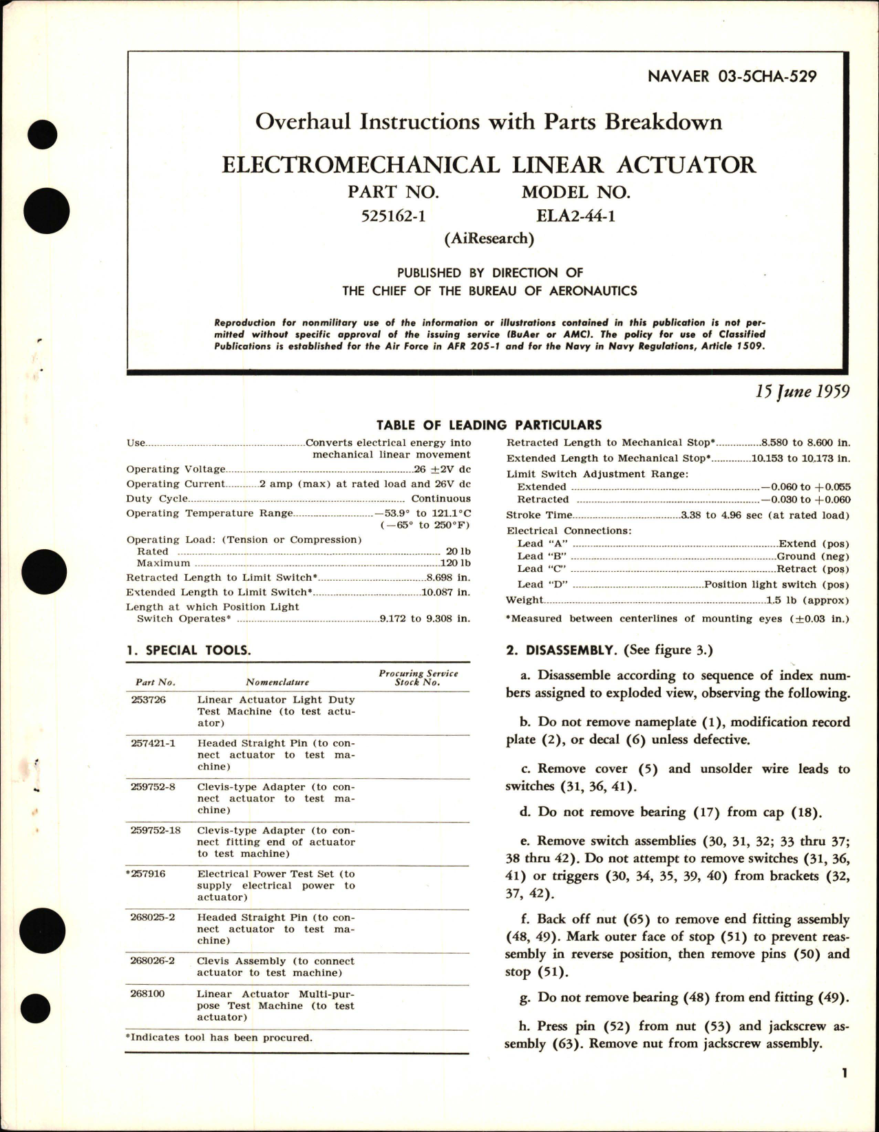 Sample page 1 from AirCorps Library document: Overhaul Instructions with Parts Breakdown for Electromechanical Linear Actuator - Part 525162-1 - Model ELA2-44-1