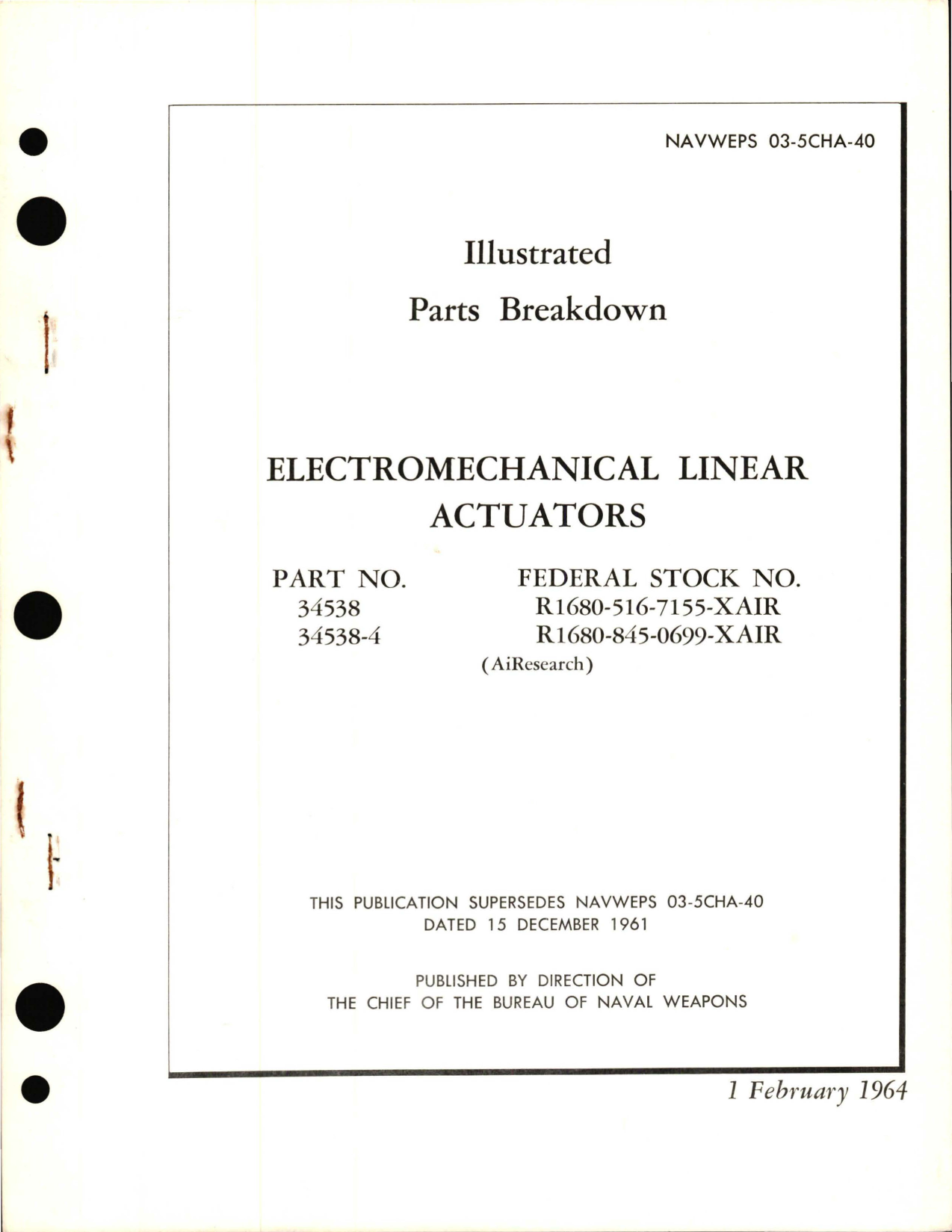 Sample page 1 from AirCorps Library document: Illustrated Parts Breakdown for Electromechanical Linear Actuators - Part 34538 and 34538-4