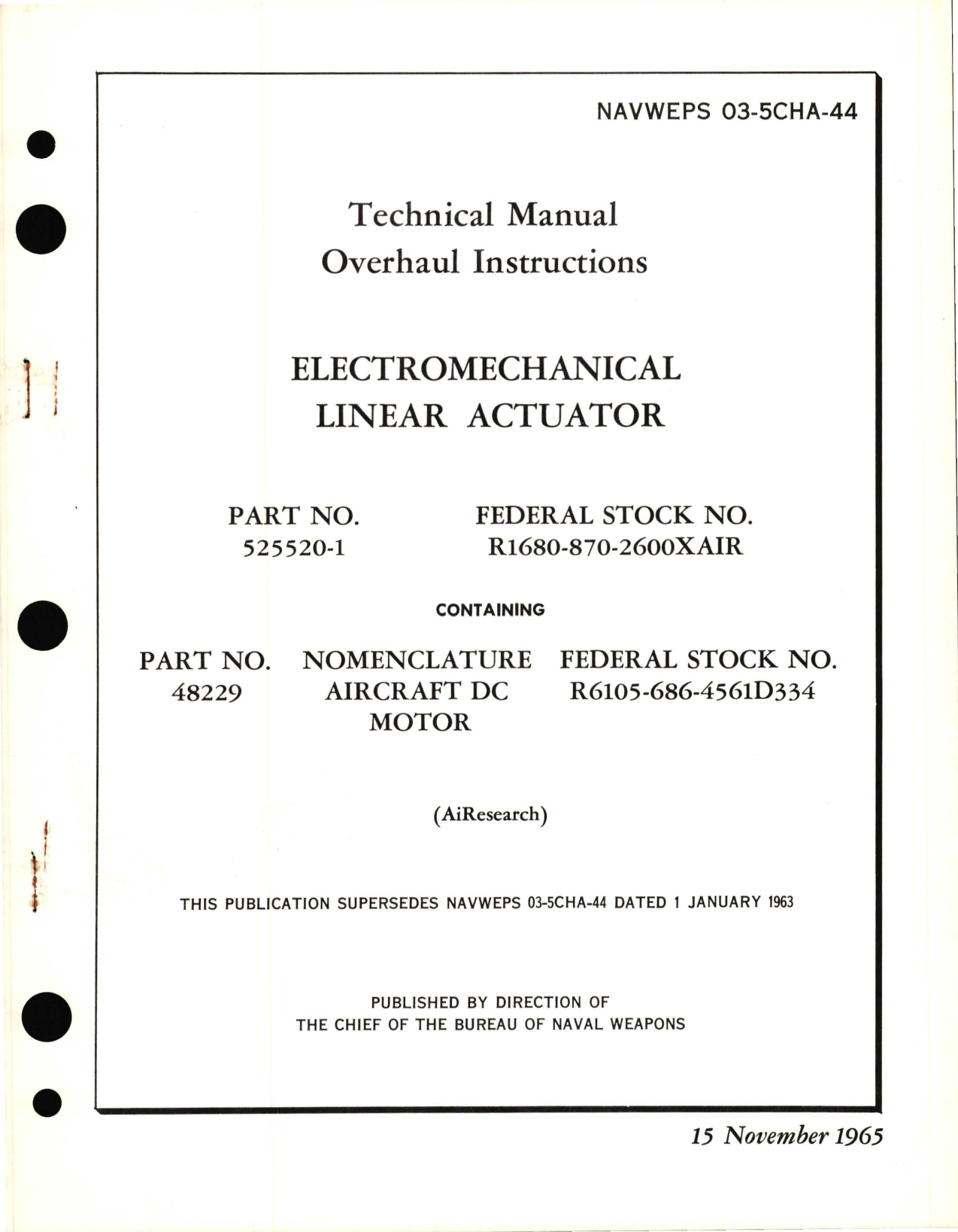 Sample page 1 from AirCorps Library document: Overhaul Instructions for Electromechanical Linear Actuator - Part 525520-1 and 48229