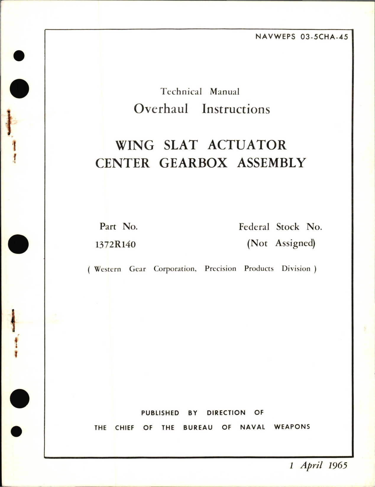 Sample page 1 from AirCorps Library document: Overhaul Instructions for Wing Slat Actuator Center Gearbox Assembly - Part 1372R140 