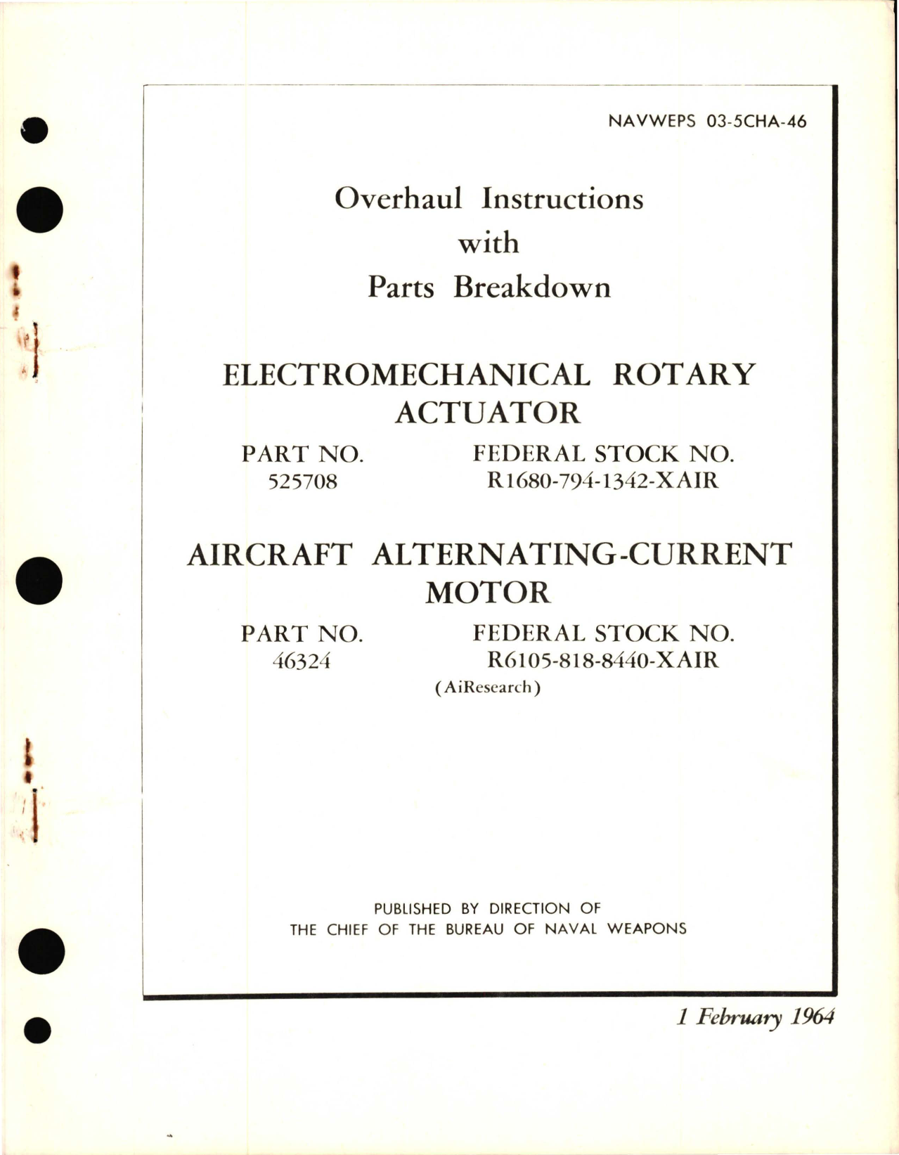 Sample page 1 from AirCorps Library document: Overhaul Instructions with Parts Breakdown for Electromechanical Rotary Actuator and Aircraft Alternating Current Motor