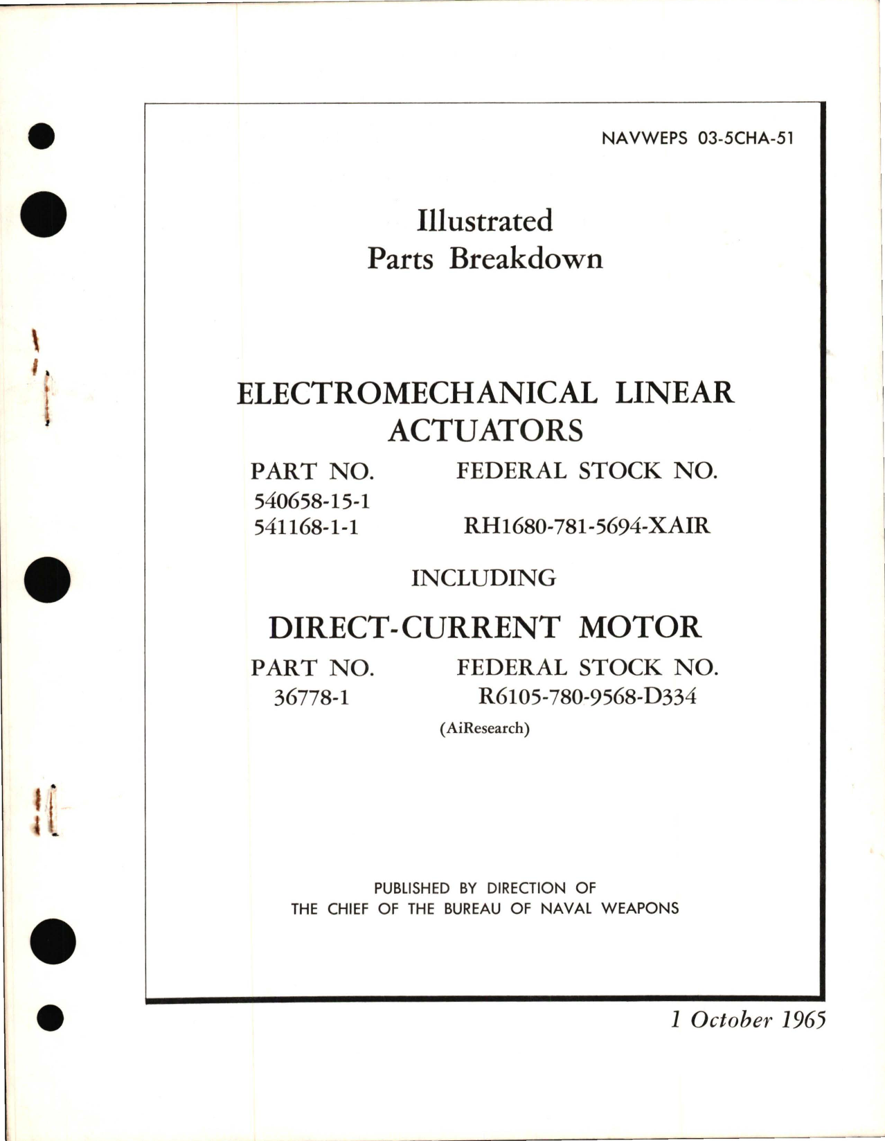 Sample page 1 from AirCorps Library document: Illustrated Parts Breakdown for Electromechanical Linear Actuators, Including Direct Current Motors 