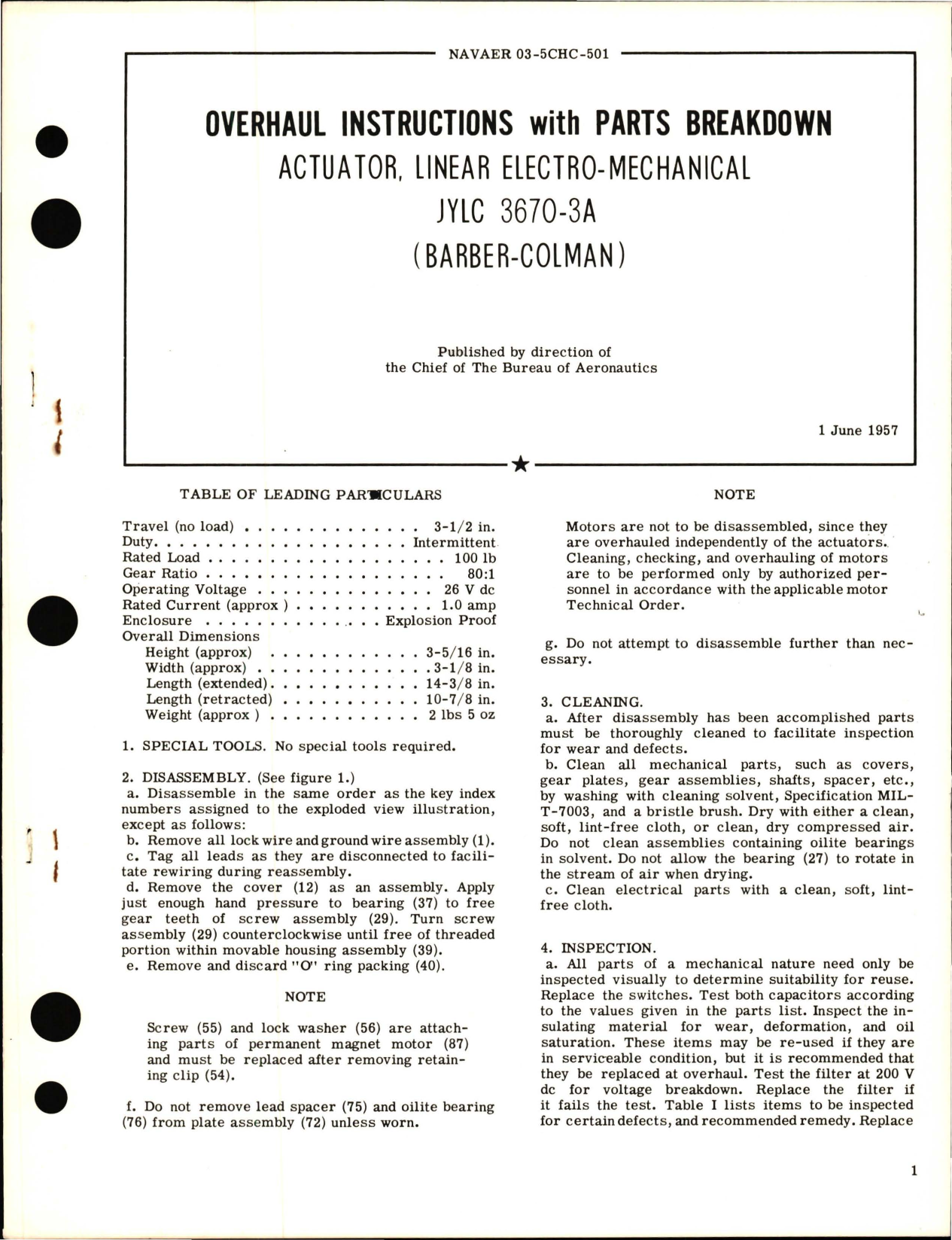 Sample page 1 from AirCorps Library document: Overhaul Instructions with Parts Breakdown for Linear Electromechanical Actuator - JYLC 3670-3A 