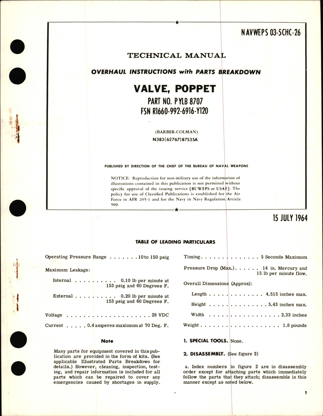 Sample page 1 from AirCorps Library document: Overhaul Instructions with Parts Breakdown for Poppet Valve - Part PYLB 8707 