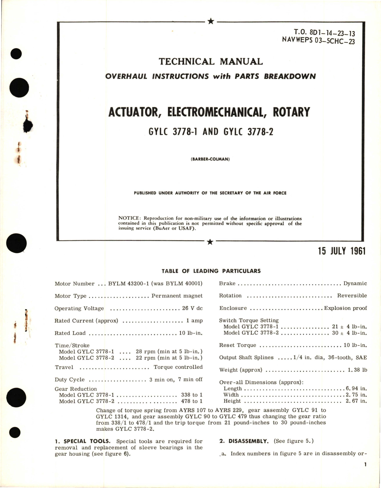 Sample page 1 from AirCorps Library document: Overhaul Instructions with Parts Breakdown for Electromechanical Rotary Actuator - GYLC 3778-1 and GYLC 3778-2 