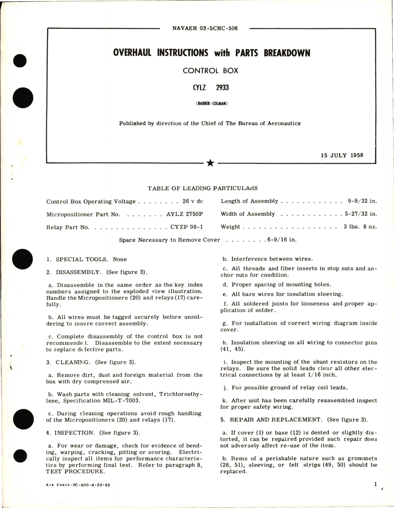Sample page 1 from AirCorps Library document: Overhaul Instructions with Parts Breakdown for Control Box - CYLZ 2933 
