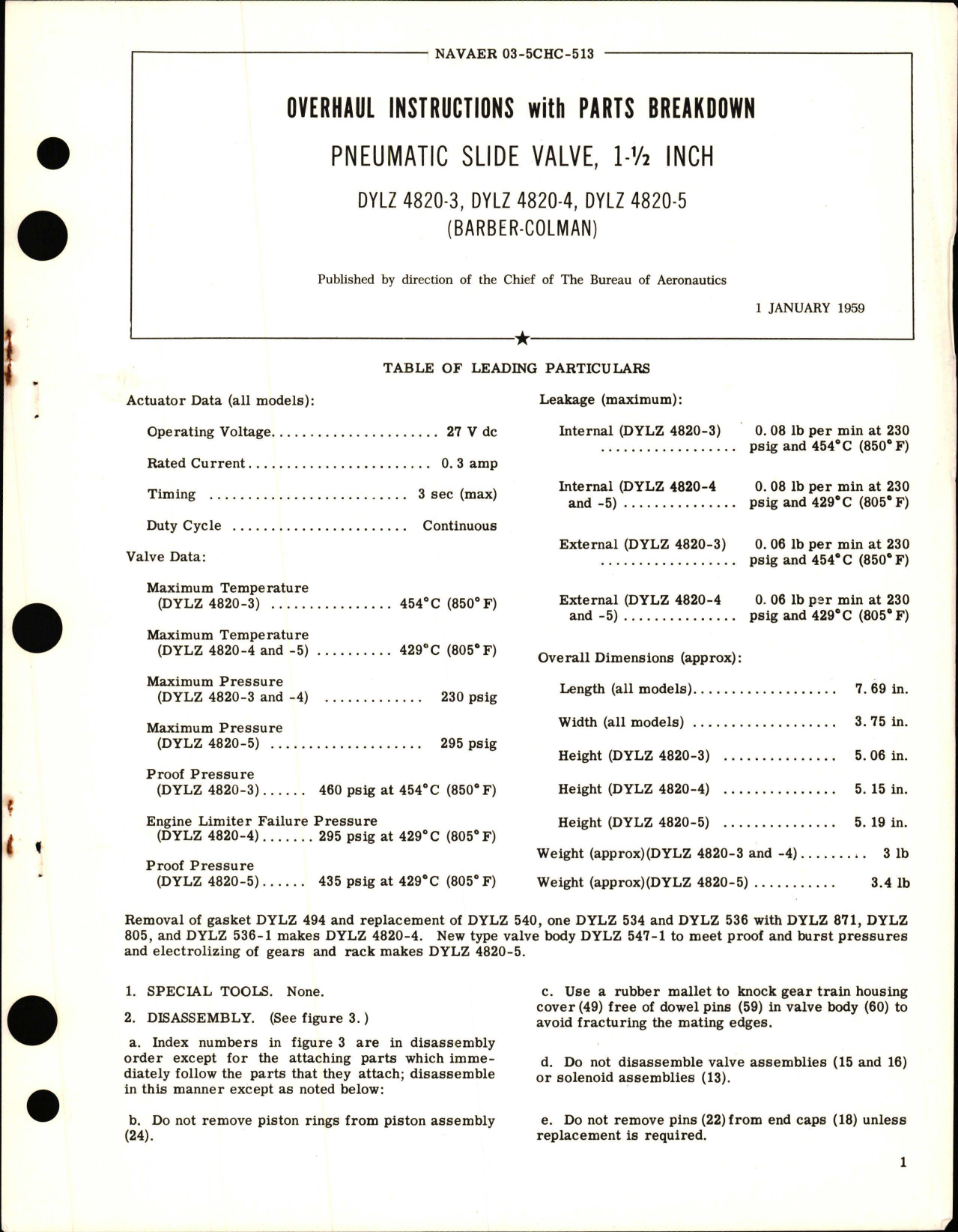 Sample page 1 from AirCorps Library document: Overhaul Instructions with Parts Breakdown for Pneumatic Slide Valve 1.5 Inch - DYLZ 4820-3, DYLZ 4820-4, DYLZ 4820-5 