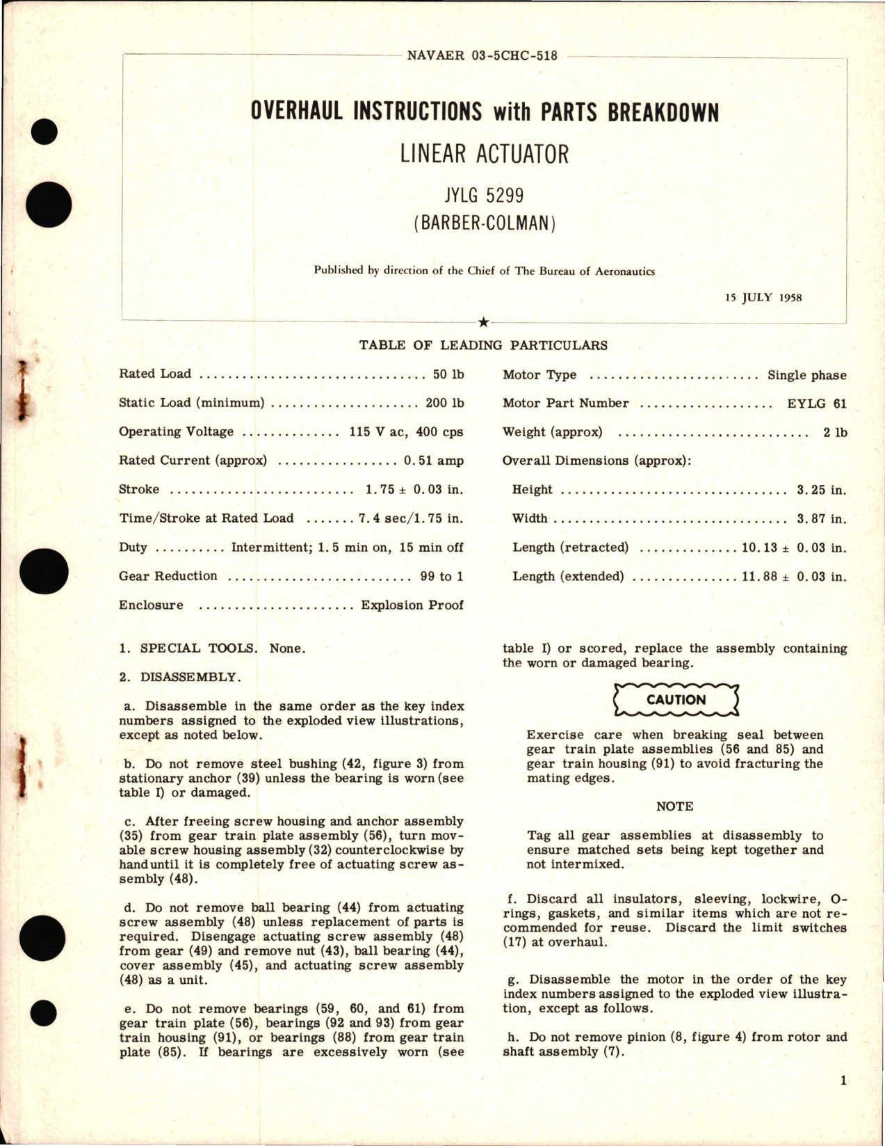 Sample page 1 from AirCorps Library document: Overhaul Instructions with Parts Breakdown for Linear Actuator - JYLG 5299 