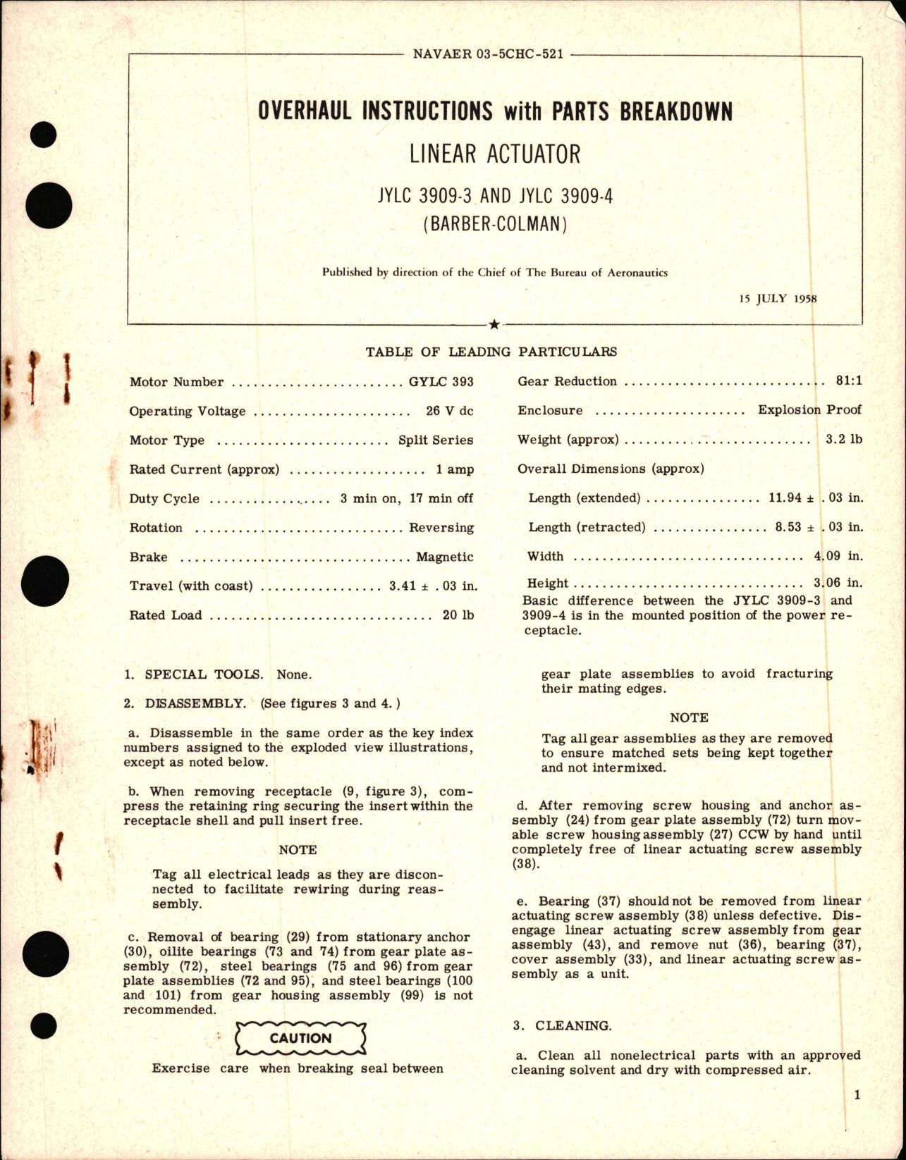 Sample page 1 from AirCorps Library document: Overhaul Instructions with Parts Breakdown for Linear Actuator - JYLC 3909-3 and 3909-4