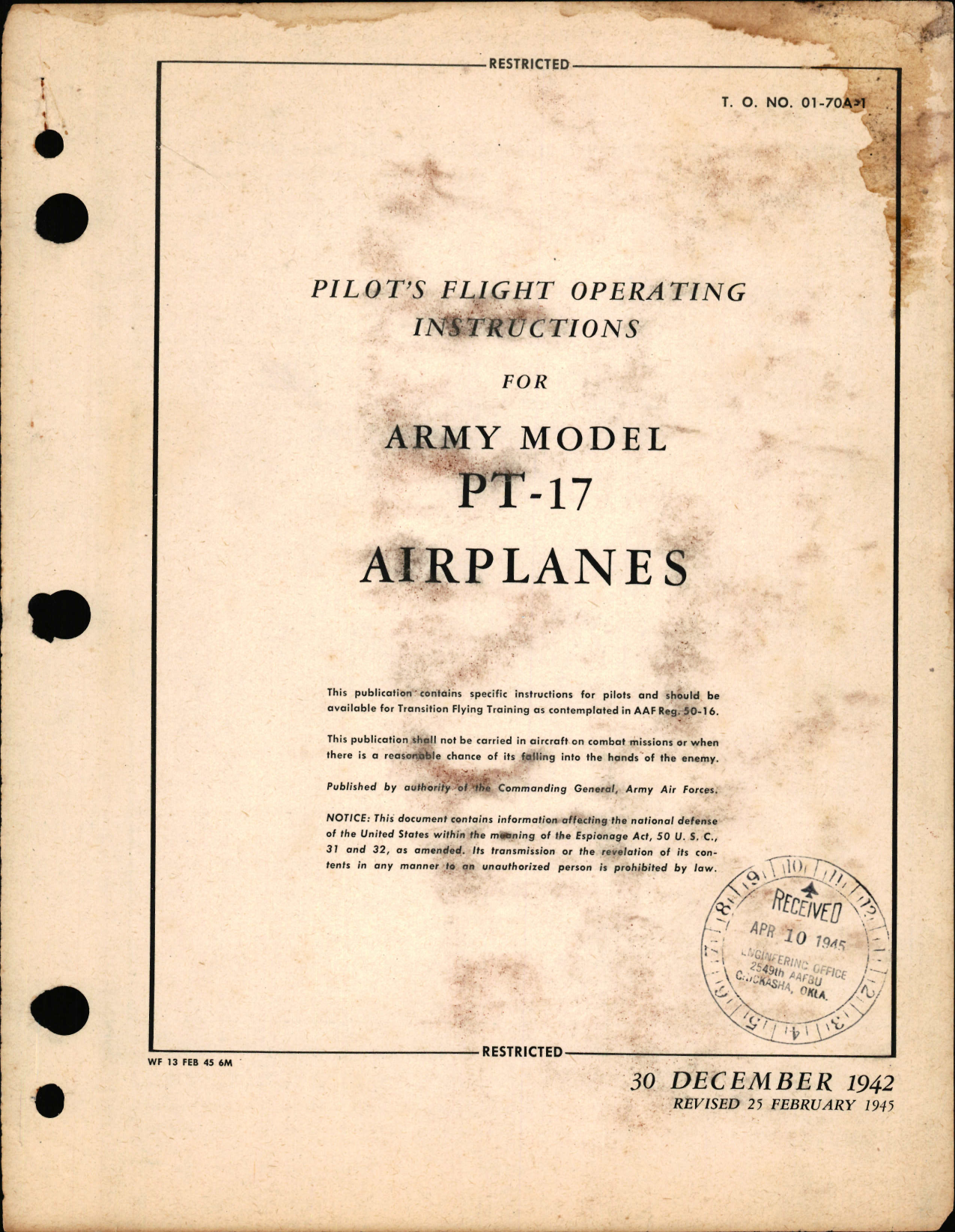Sample page 1 from AirCorps Library document: Pilot's Flight Operating Instructions for PT-17