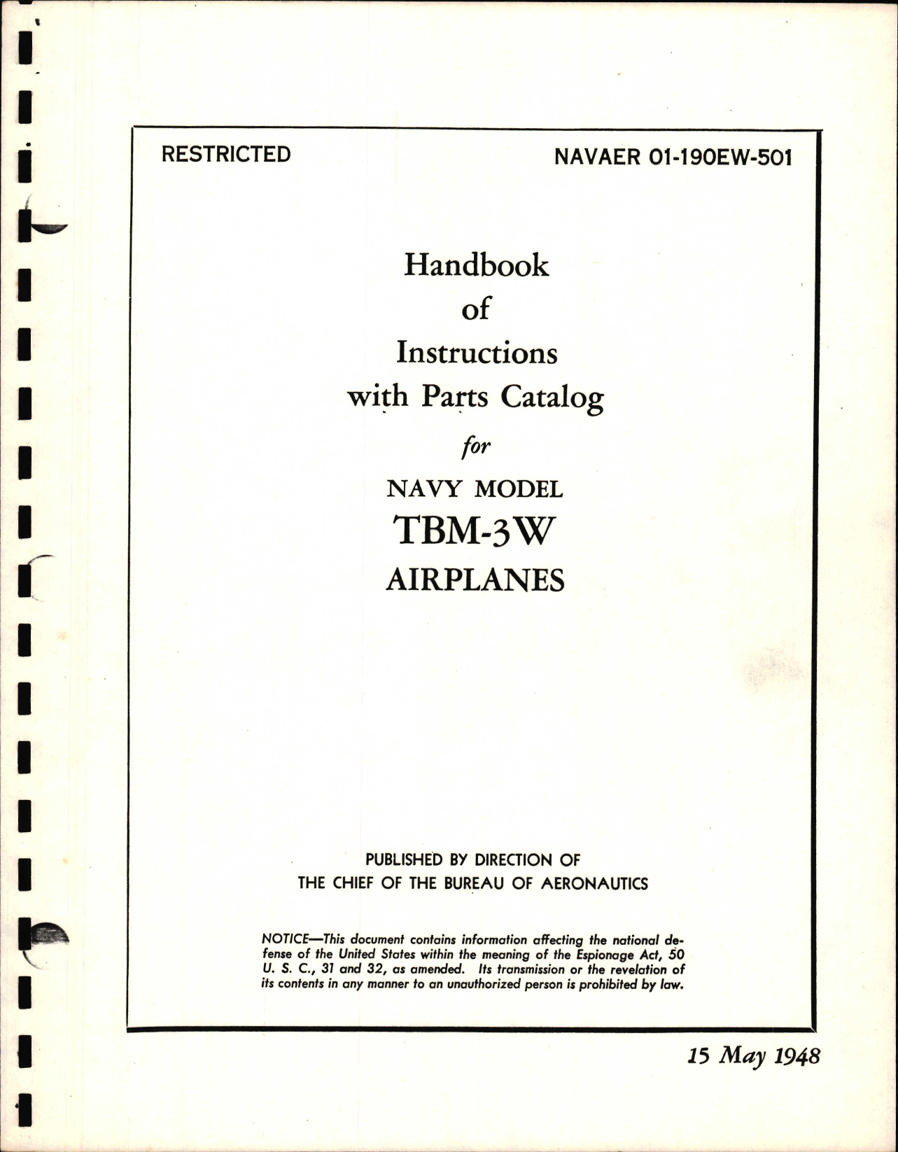 Sample page 1 from AirCorps Library document: Handbook of Instructions with Parts Catalog for TBM-3W