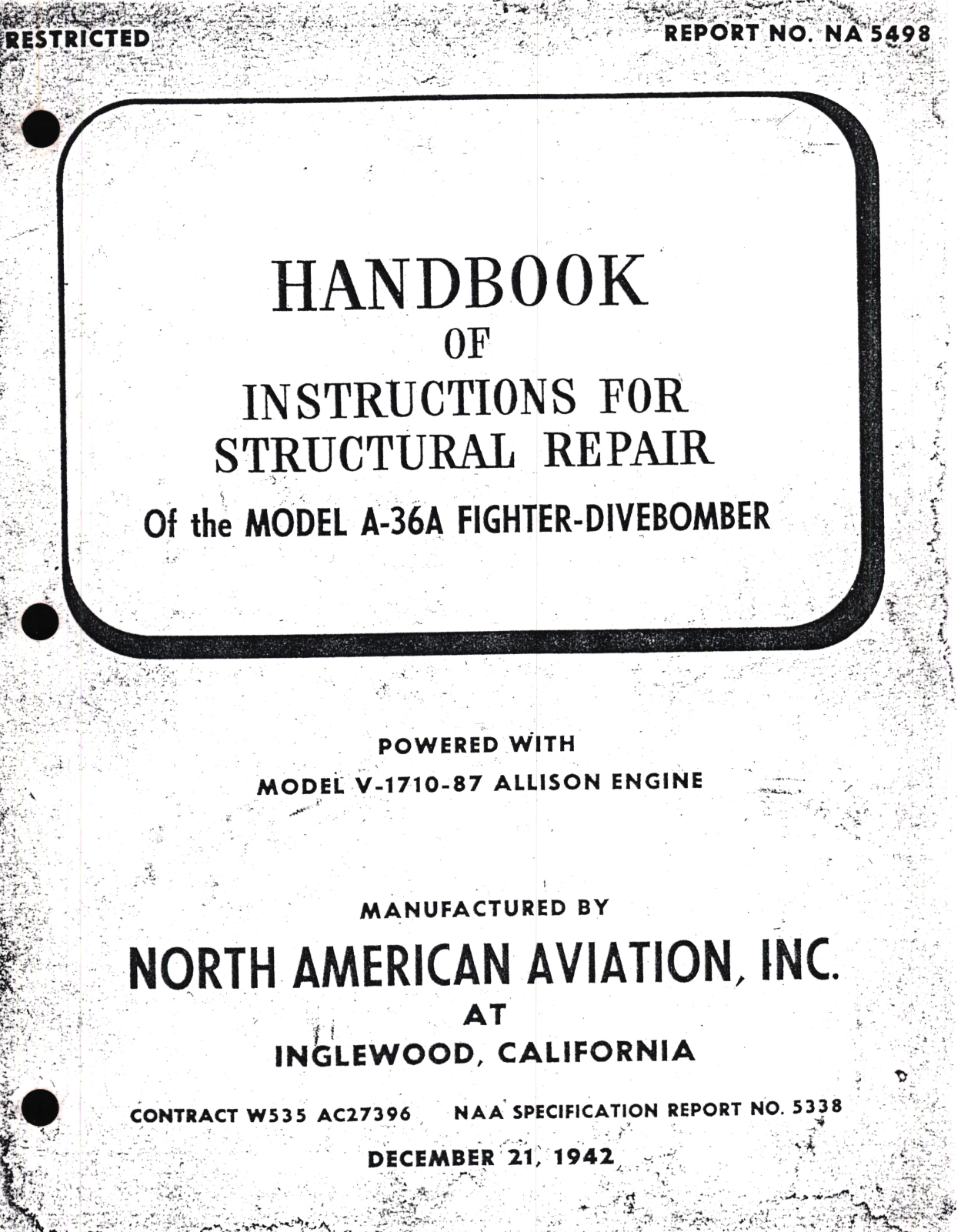 Sample page 1 from AirCorps Library document: Instructions for Structural Repair of the Model A-36A Fighter-Divebomber