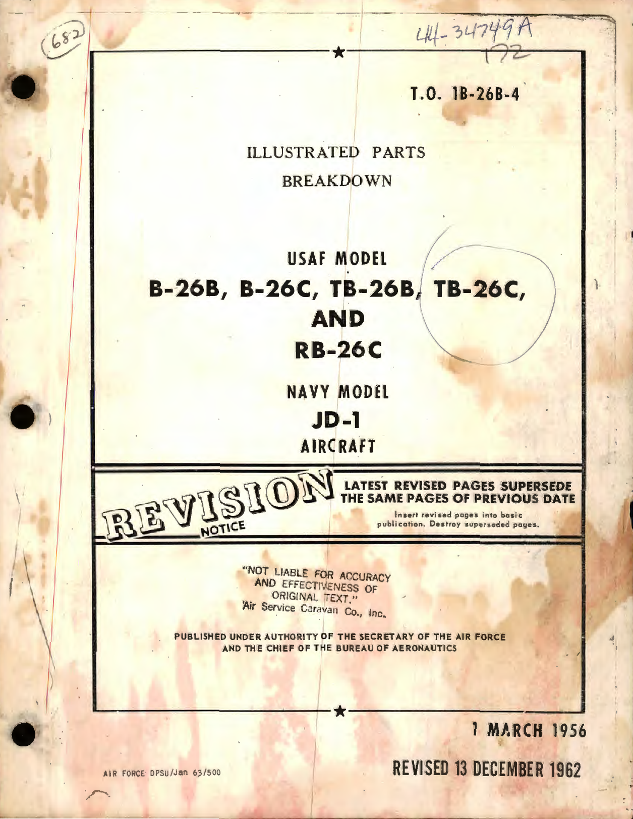 Sample page 1 from AirCorps Library document: Illustrated Parts Breakdown for USAF Model B-26B, B-26C, TB-26B, TB-26C and RB-26C Navy Model JD-1 Aircraft