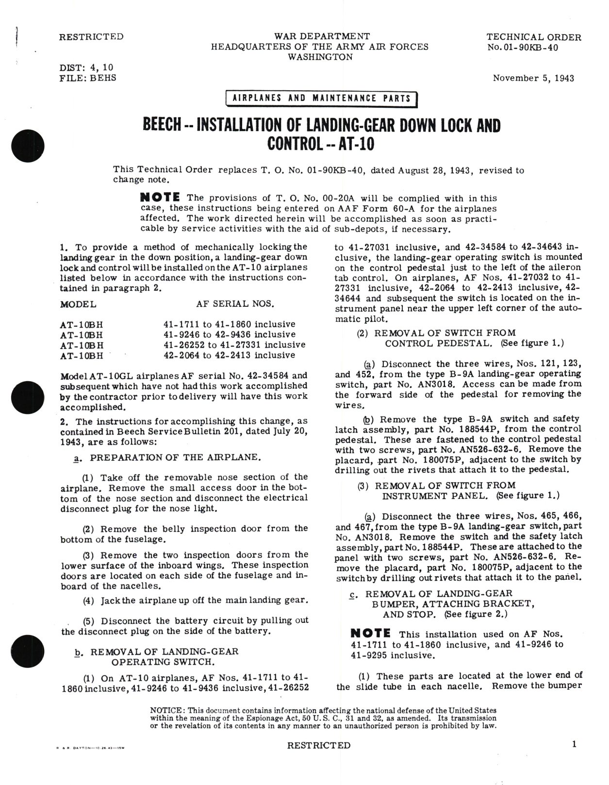 Sample page 1 from AirCorps Library document: Beech - Installation of Landing - Gear Down Lock and Control - AT-10