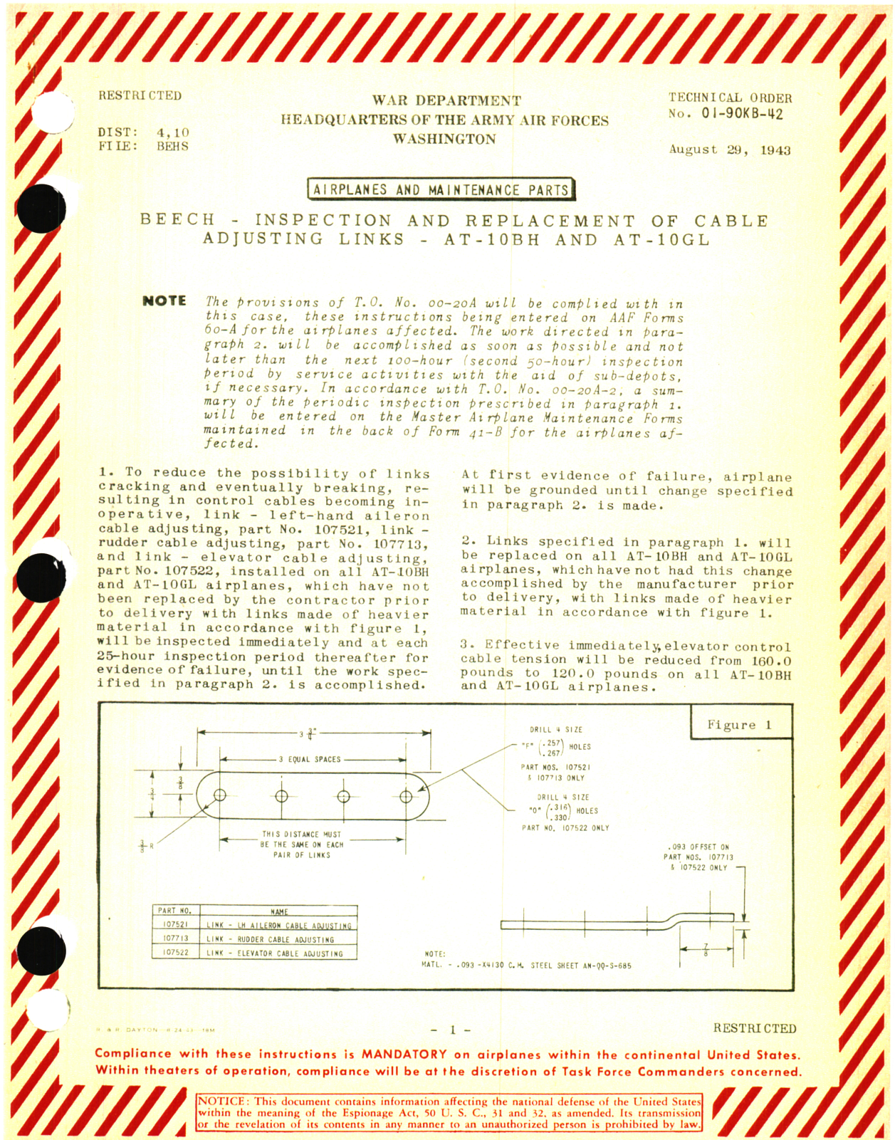 Sample page 1 from AirCorps Library document: Beech - Inspection and Replacement of Cable Adjusting Links - AT-10BH and AT-10GL