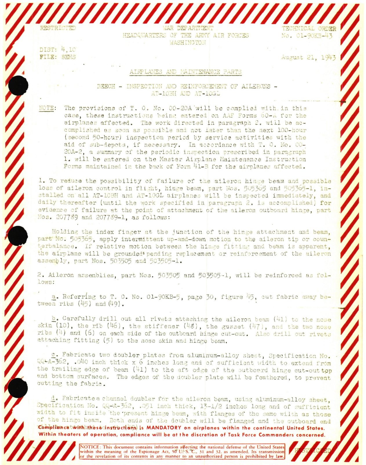 Sample page 1 from AirCorps Library document: Beech - Inspection and Reinforcement of Allerons - AT-10BH and AT-10GL