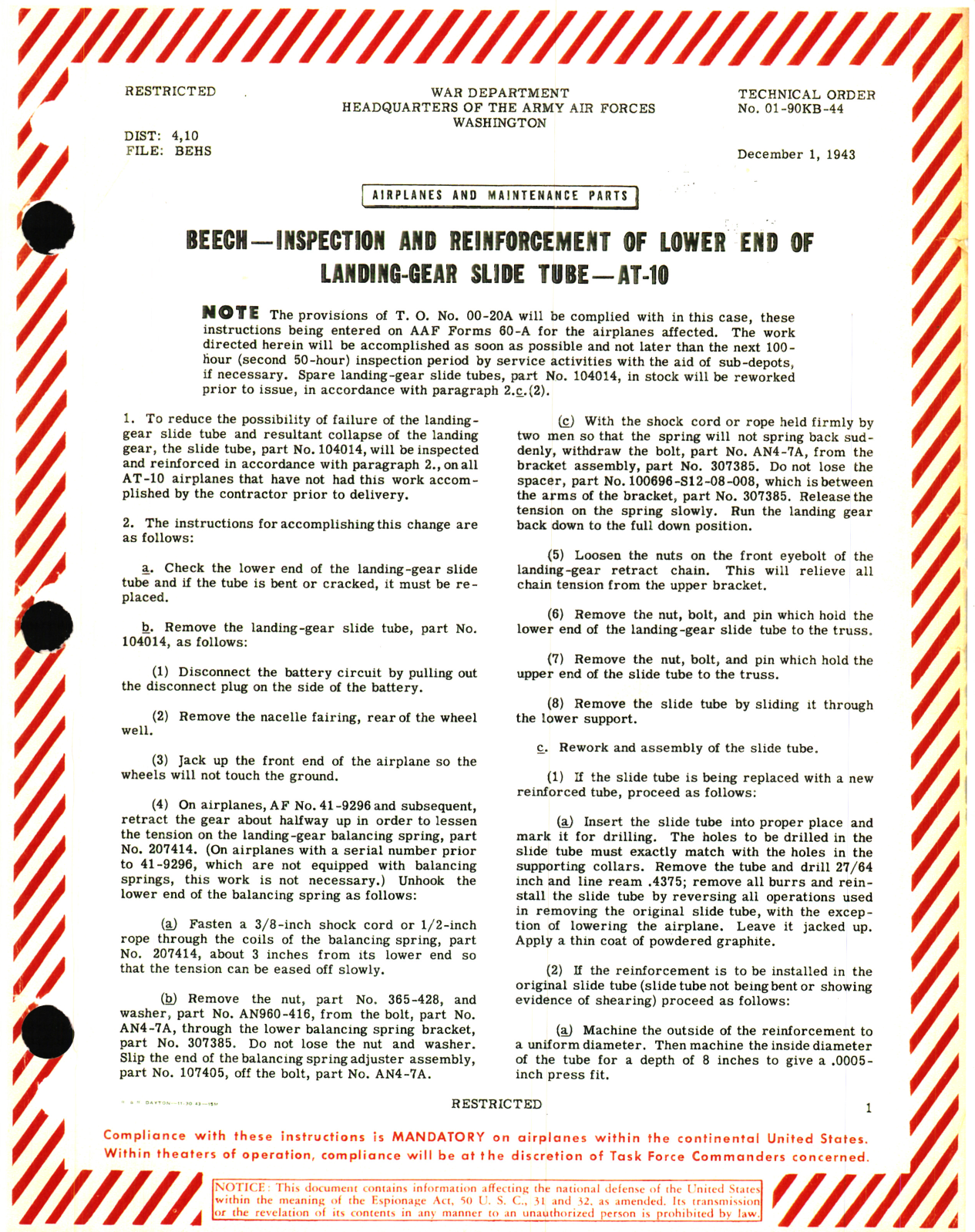 Sample page 1 from AirCorps Library document: Beech - Inspection and Reinforcement of Lower End of Landing-Gear Slide Tube - AT-10