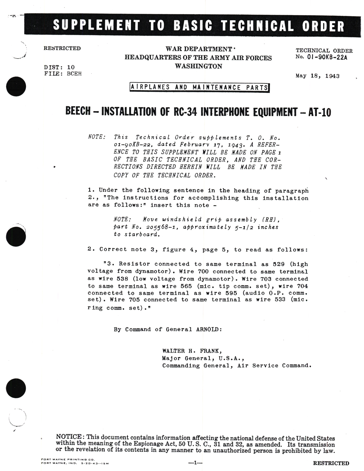 Sample page 1 from AirCorps Library document: Beech - Installation of RC -34 Interphone Equipment - AT-10