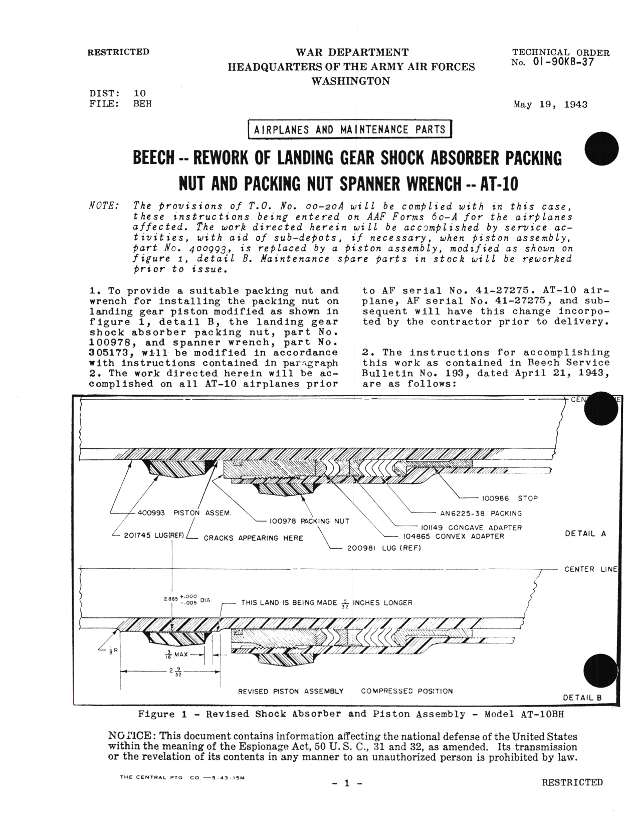Sample page 1 from AirCorps Library document: Beech - Rework of Landing Gear Shock Absorber Packing Nut and Packing Nut Spanner Wrench - AT-10