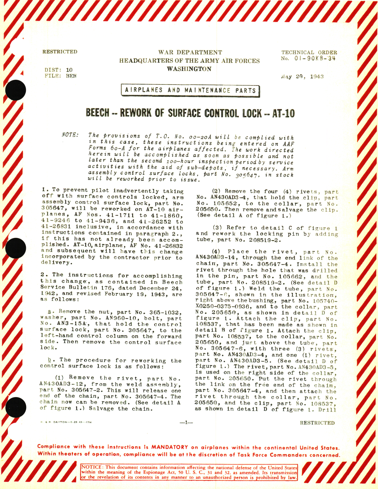 Sample page 1 from AirCorps Library document: Beech - Rework of Surface Control Lock - AT-10