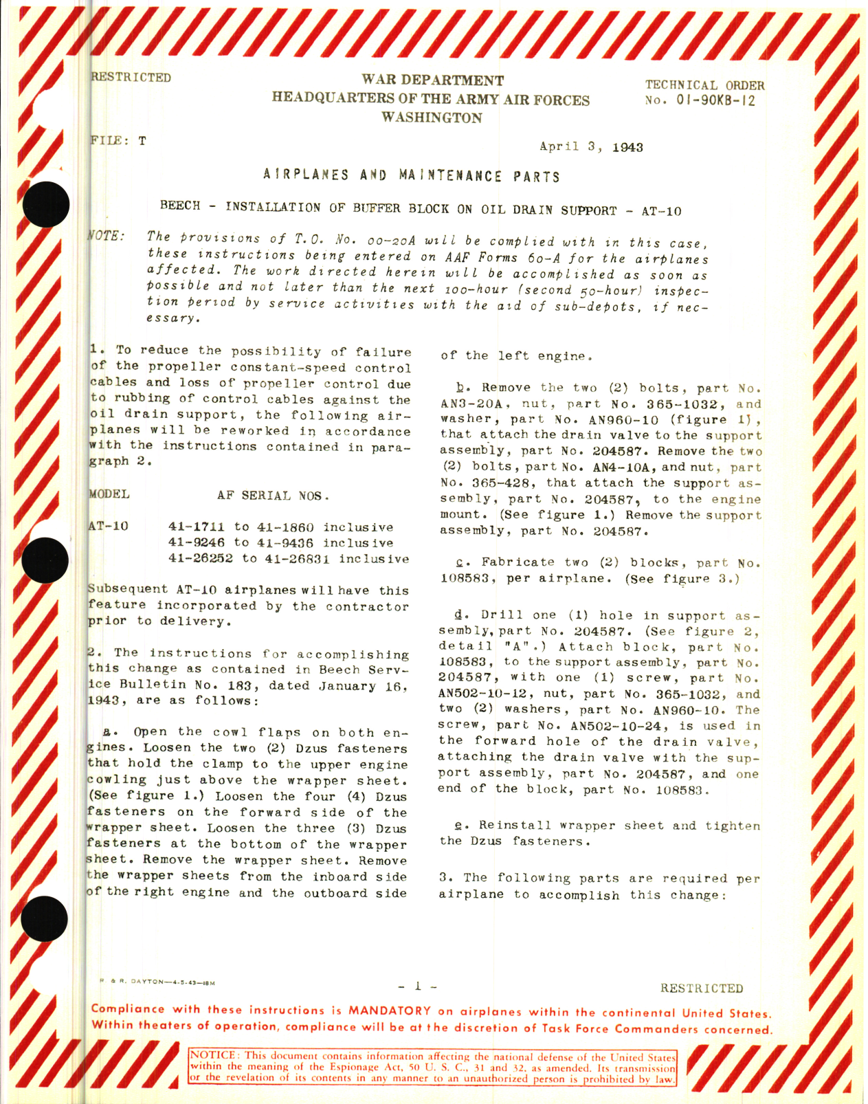 Sample page 1 from AirCorps Library document: Beech - Installation of Buffer Block on Oil Drain Support - AT-10