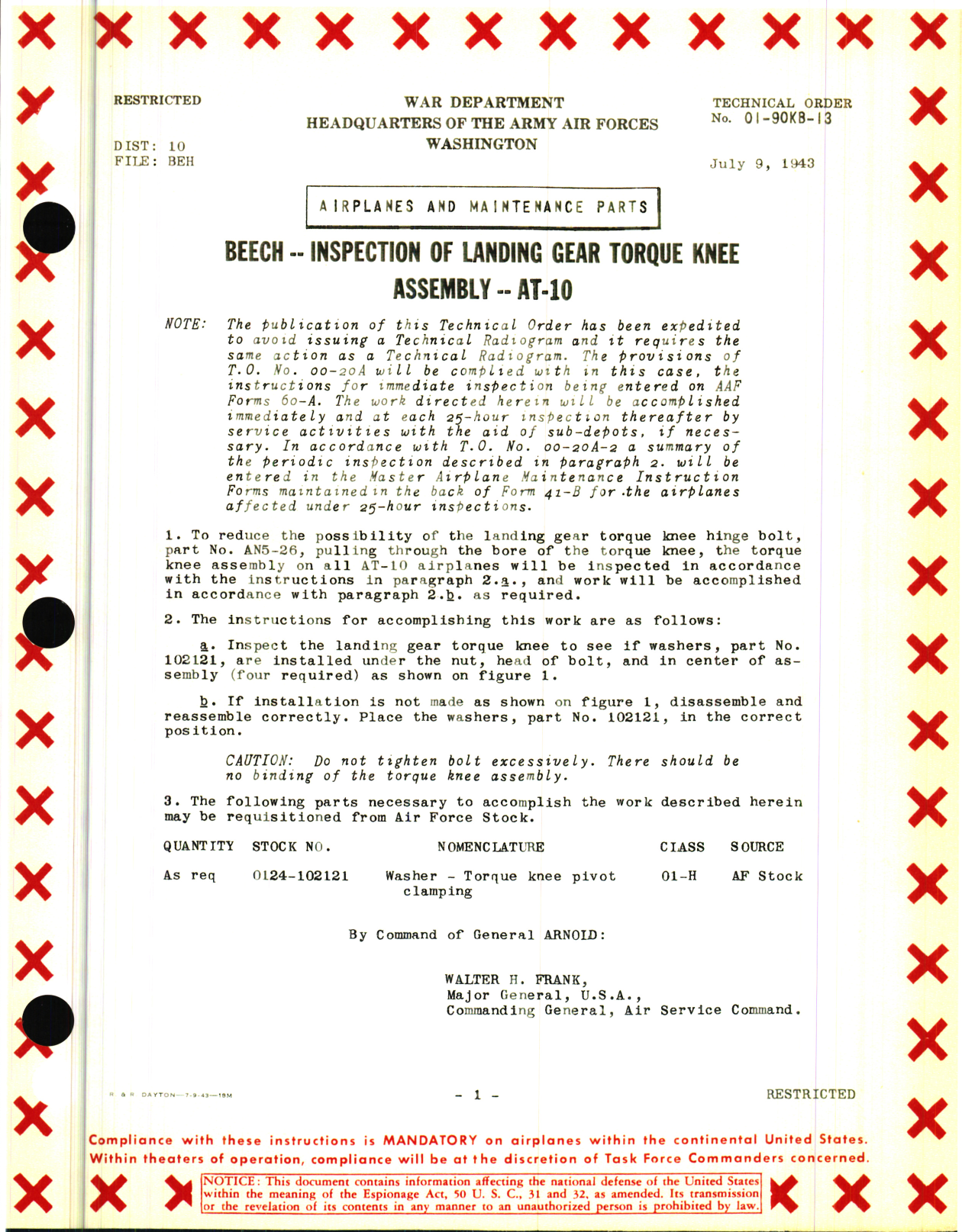 Sample page 1 from AirCorps Library document: Beech - Inspection of Landing Gear Torque Knee Assembly - AT- 10