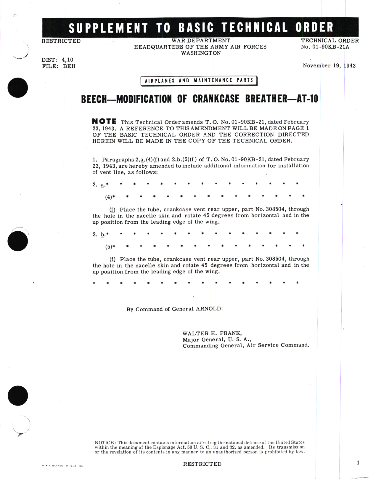 Sample page 1 from AirCorps Library document: Beech - Modification of Crankcase Breather - AT-10