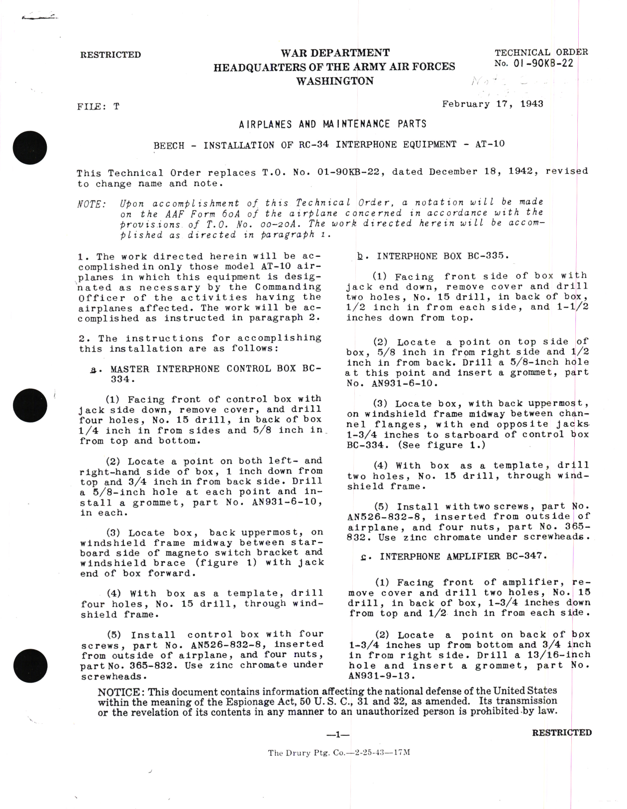Sample page 1 from AirCorps Library document: Beech - Installation of RC-34 Interphone Equipment - A-10