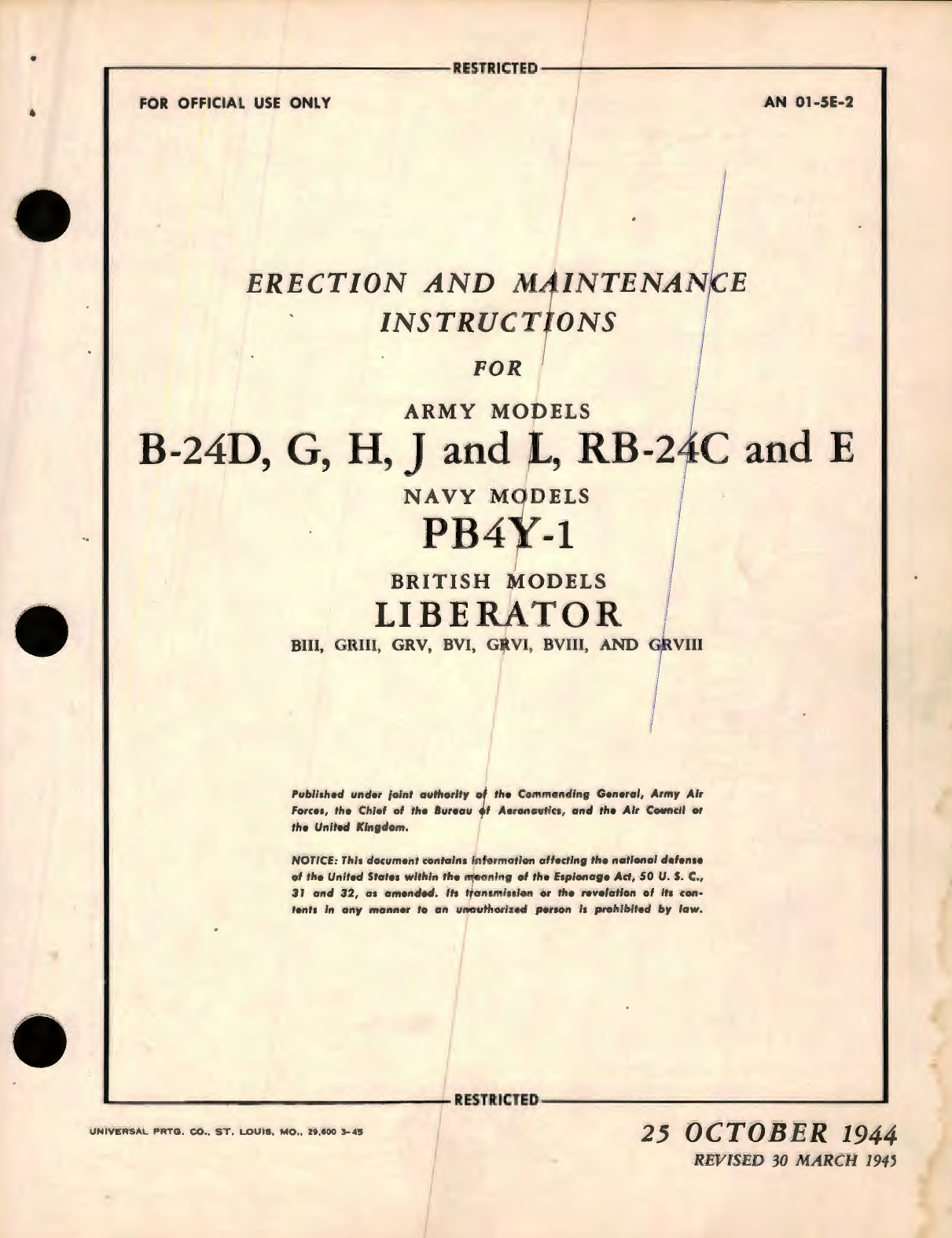 Sample page 1 from AirCorps Library document: Erection and Maintenance Instructions for Army Models B-24, G, H, J and L, RB-24C and E Navy Models PB4Y-1 British Models Liberator BIII, GRIII, GRV, BV1, BVII, and GRVIII