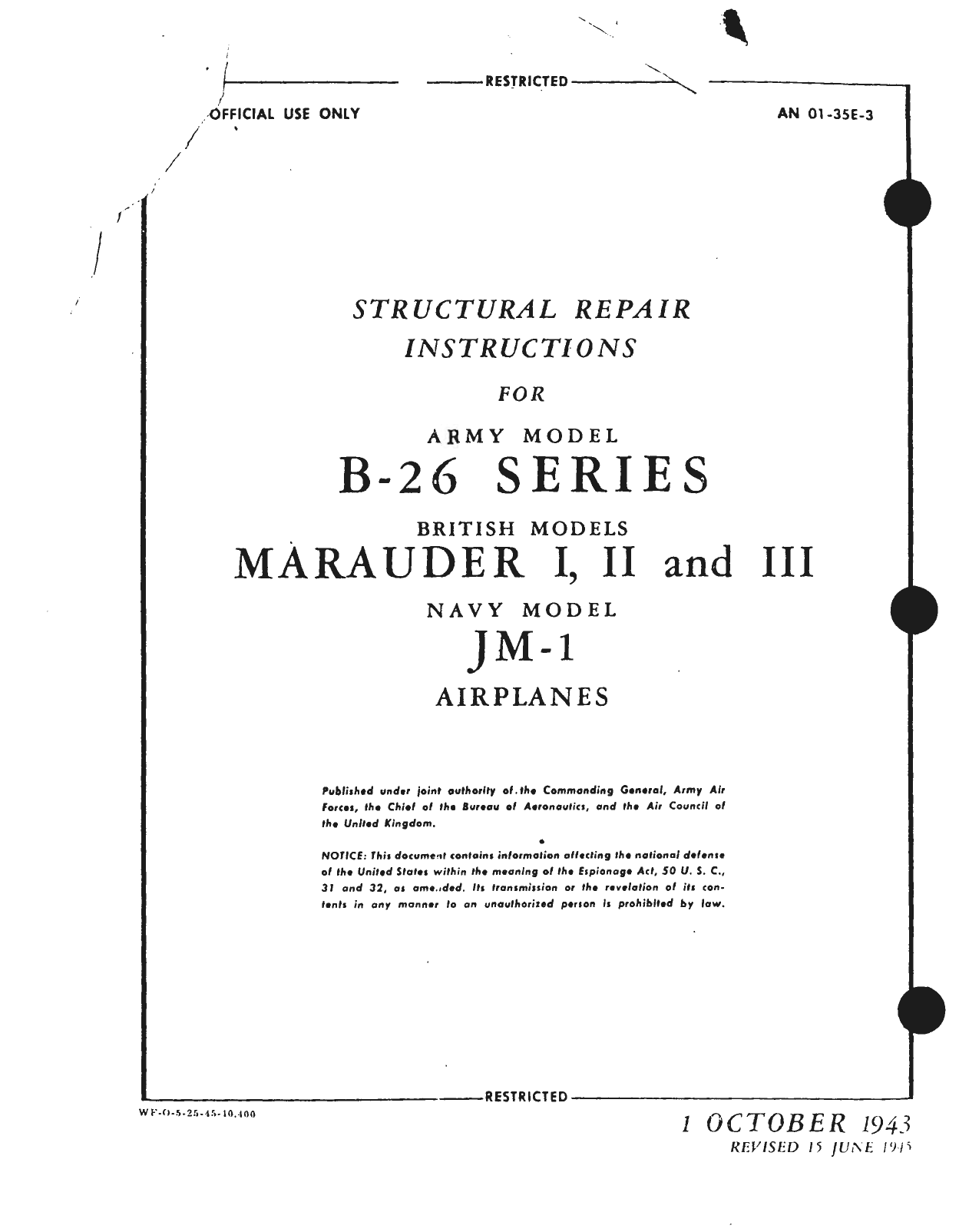 Sample page 1 from AirCorps Library document: Structural Repair Instructions for Army Model B-26 Series British Models Marauder I, II and III Navy Model JM-1 Airplanes