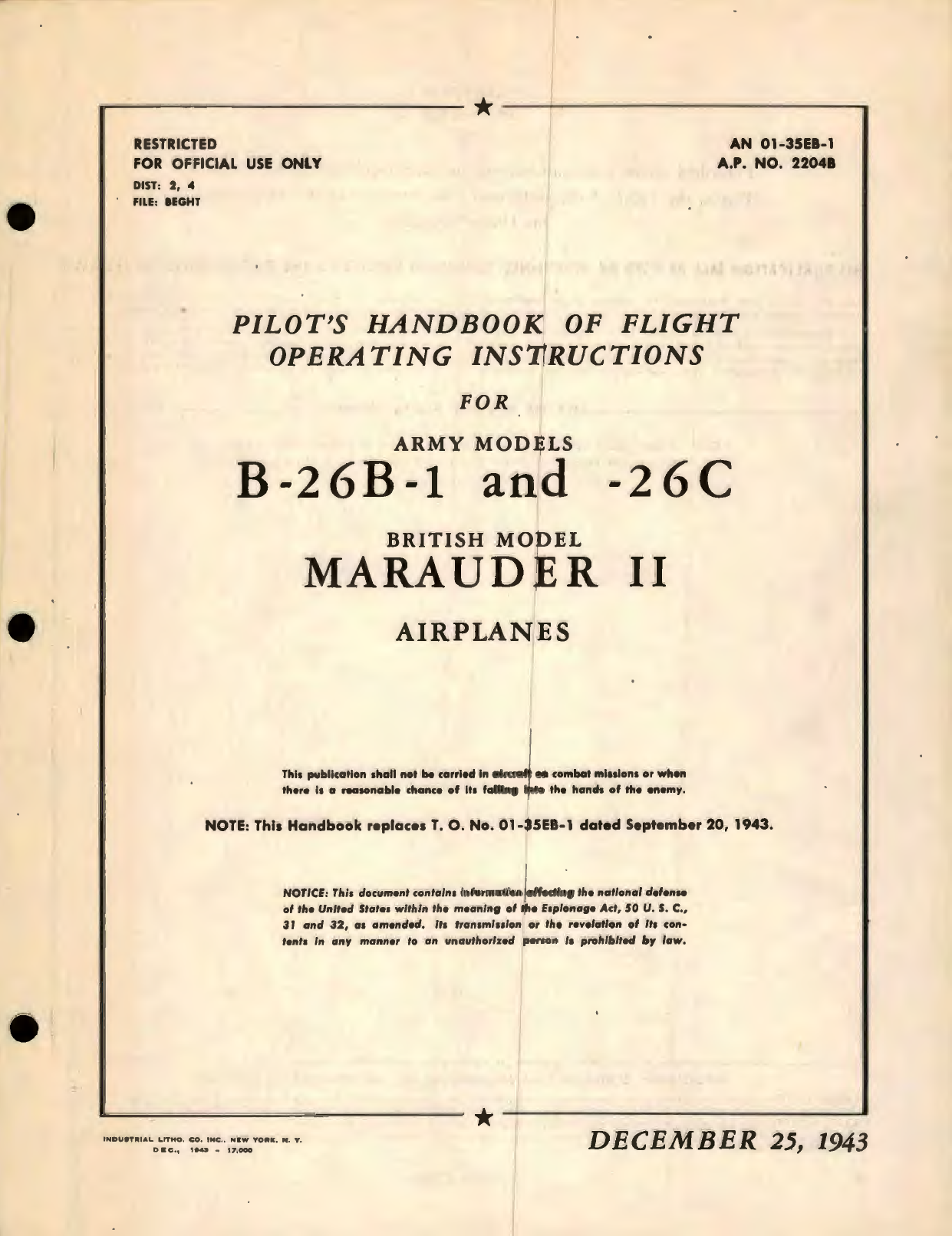 Sample page 1 from AirCorps Library document: Pilot's Handbook of Flight Operating Instructions for Army Models B-26B-1 and -26C British Model Marauder II Airplanes