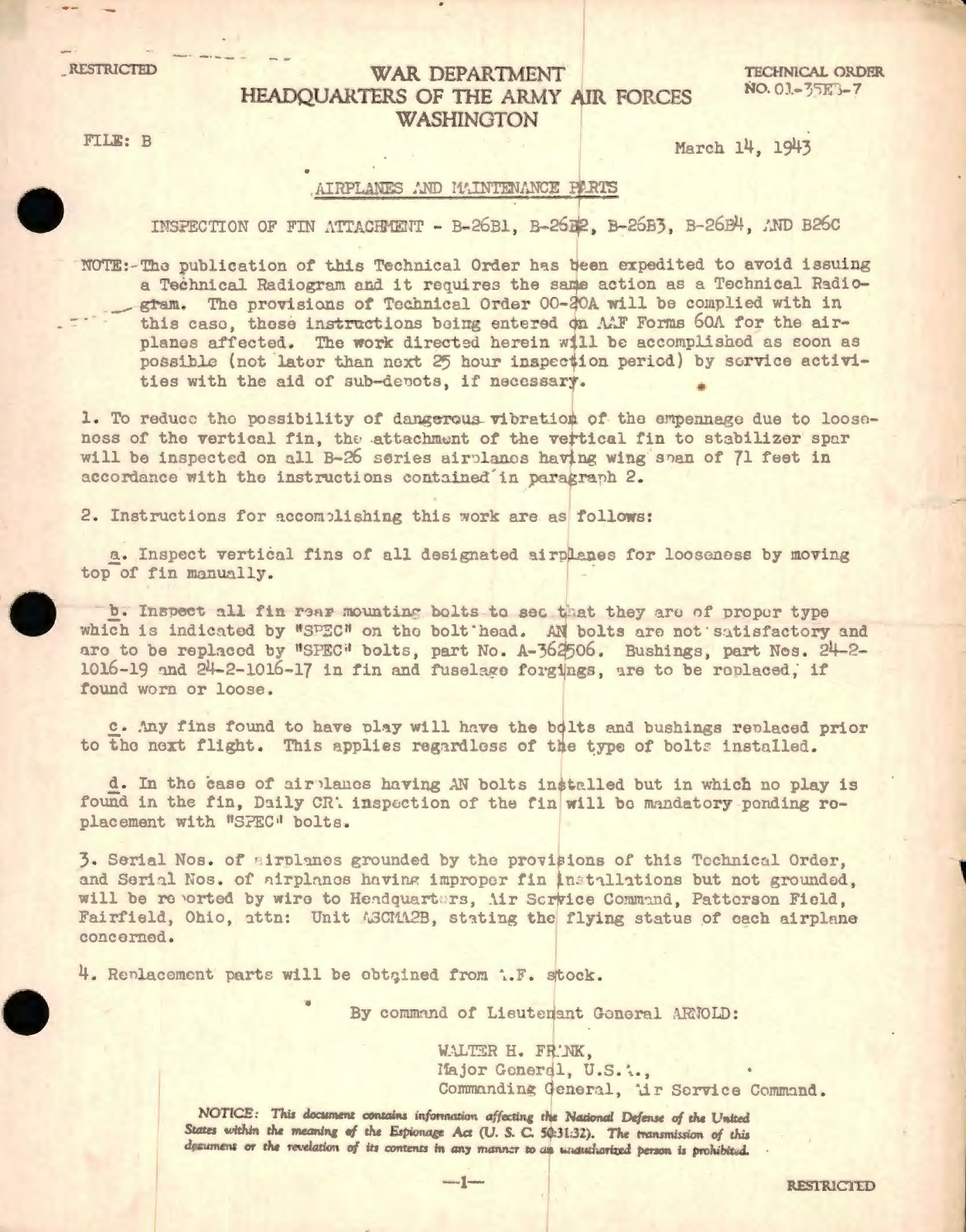 Sample page 1 from AirCorps Library document: Inspection of Fin Attachment - B-26B1, B-26B3, B-26B4, and B25C