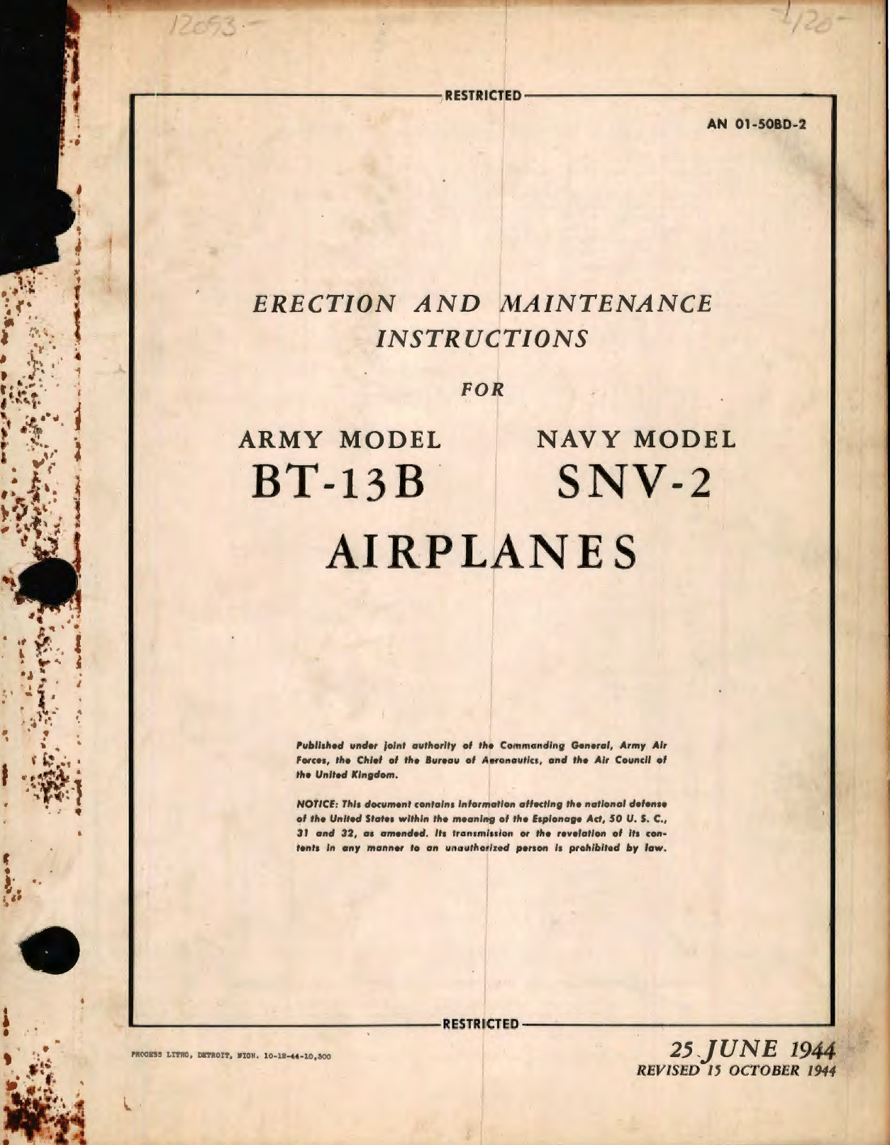 Sample page 1 from AirCorps Library document: Erection and Maintenance Instructions for Army Model BT-13B Navy Model SNV-2 Airplanes