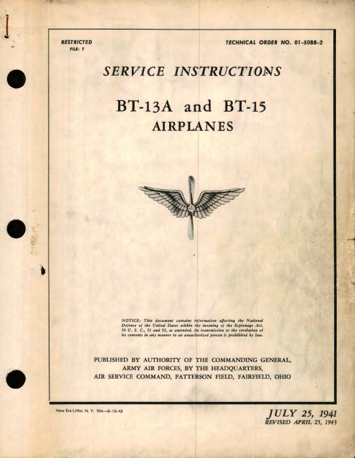 Sample page 1 from AirCorps Library document: Service Instructions for BT-13A and BT-15 Airplanes