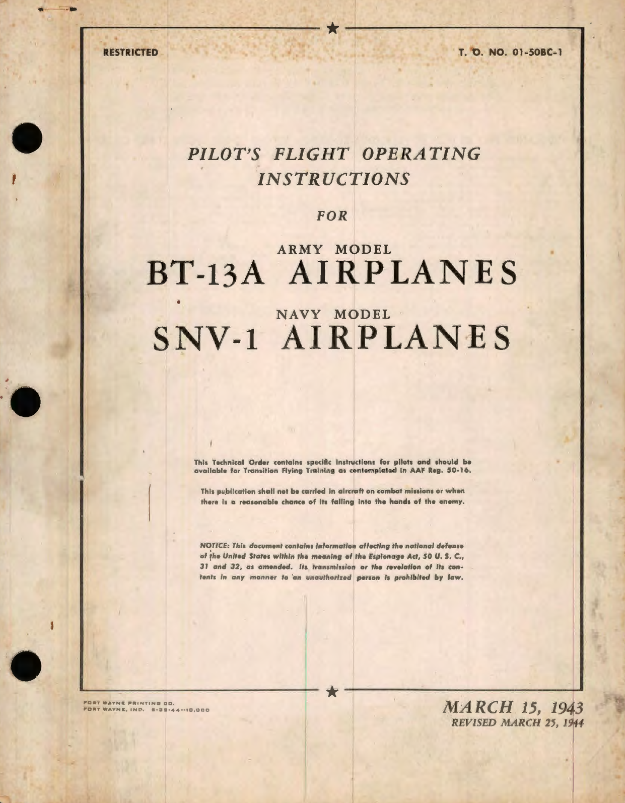 Sample page 1 from AirCorps Library document: Pilot's Flight Operating Instructions for Army Model BT-13A Airplanes Navy Model SNV- 1 Airplanes