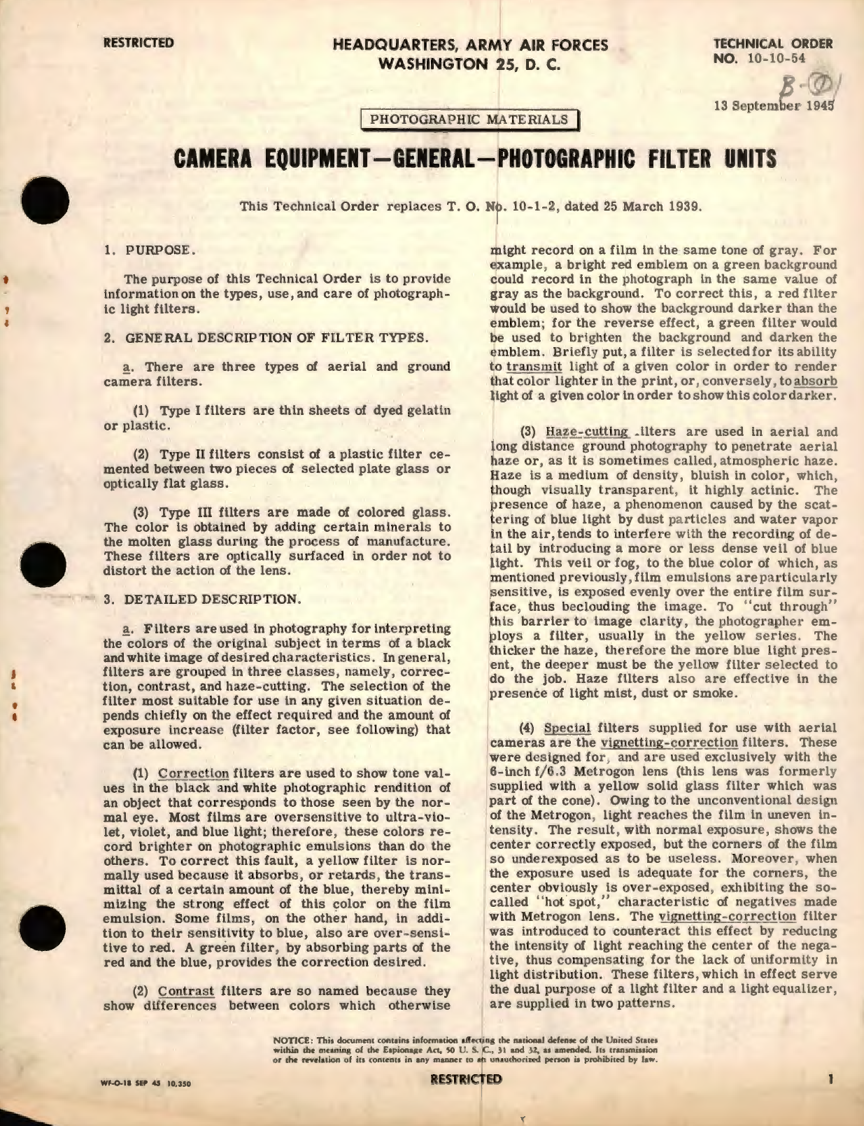 Sample page 1 from AirCorps Library document: Camera Equipment - General - Photographic Filters Units