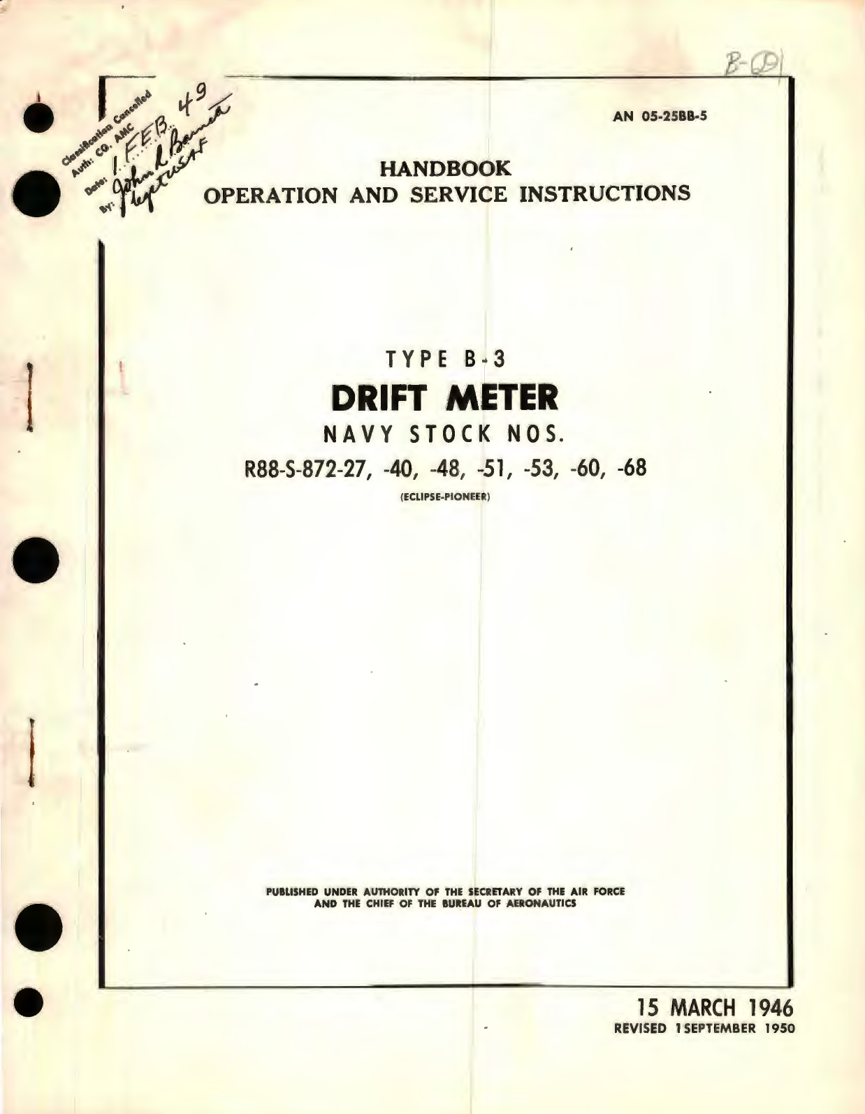 Sample page 1 from AirCorps Library document: Operation and Service Instructions for Type B-3 Drift Meter Navy Stock Nos. R88-S-872-27, -40, -48, -51, -53, -60, -68 