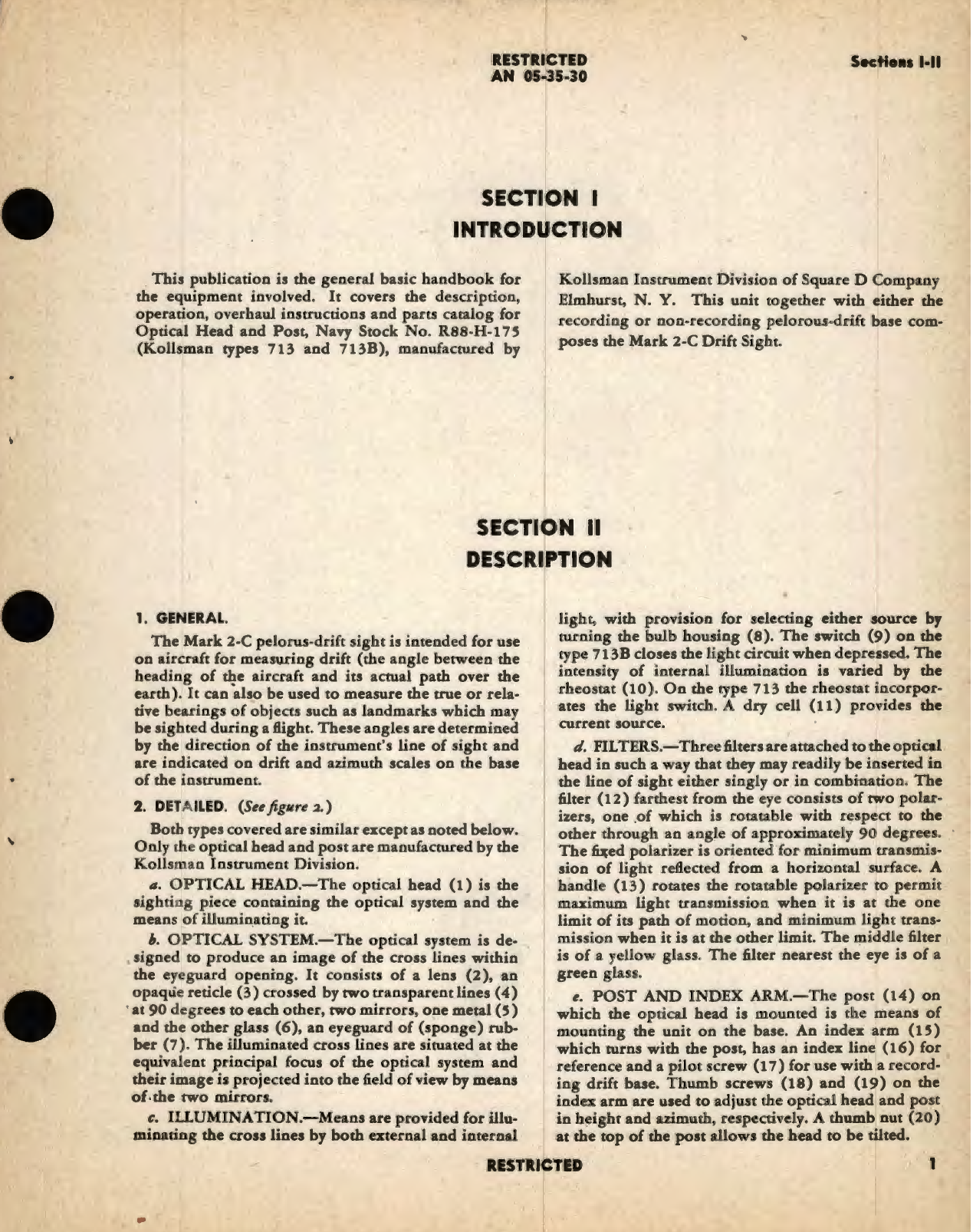 Sample page 5 from AirCorps Library document: Overhaul Instructions with Parts Catalog for Optical Head and Post Pelorus Drift Sight Mark 2C Type 713 and 713B 