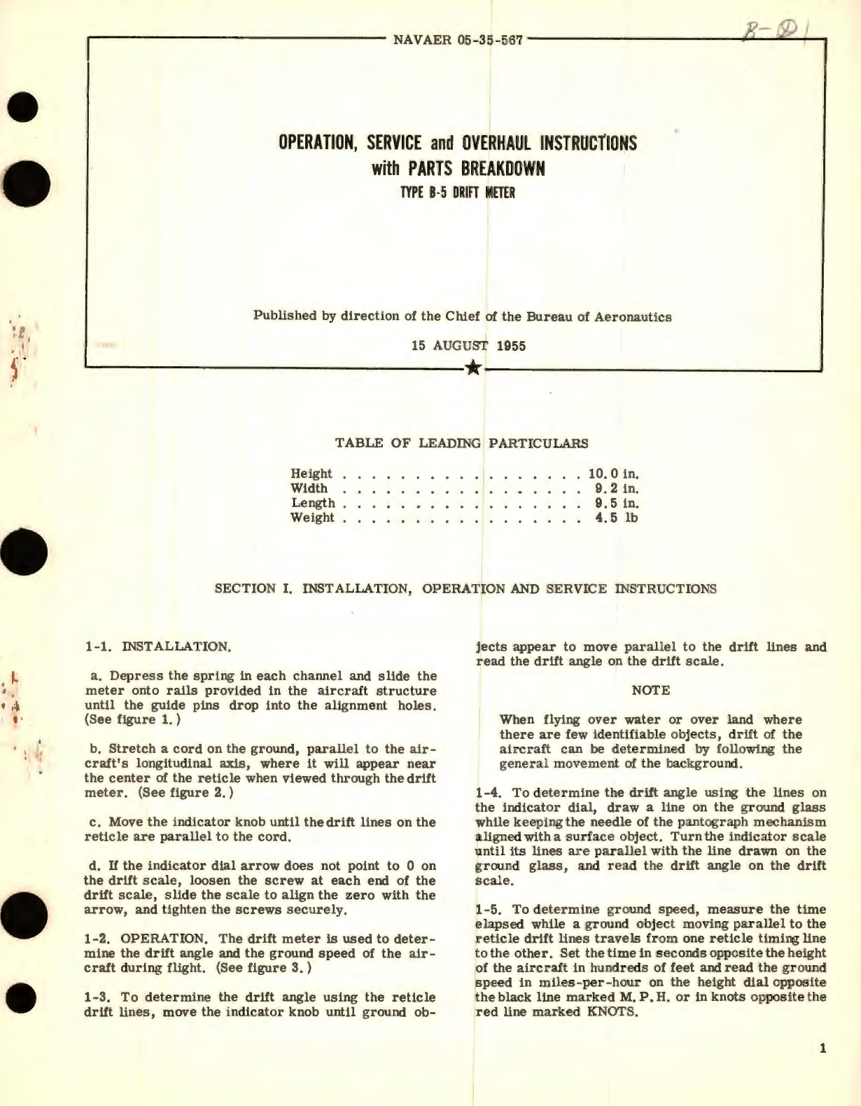 Sample page 1 from AirCorps Library document: Operation, Service and Overhaul Instructions with Parts Breakdown Type B-5 Drift Meter