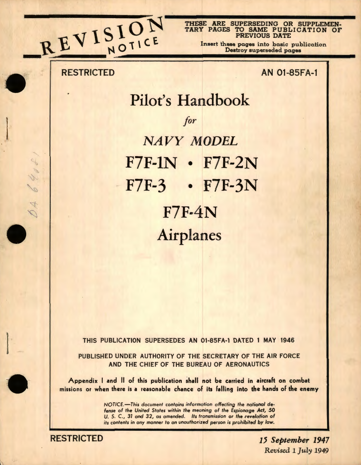 Sample page 1 from AirCorps Library document: Pilot's Handbook for Navy Model F7F-1N, F7F-2N F7F-3, F7F-3, F7F-4N Airplanes