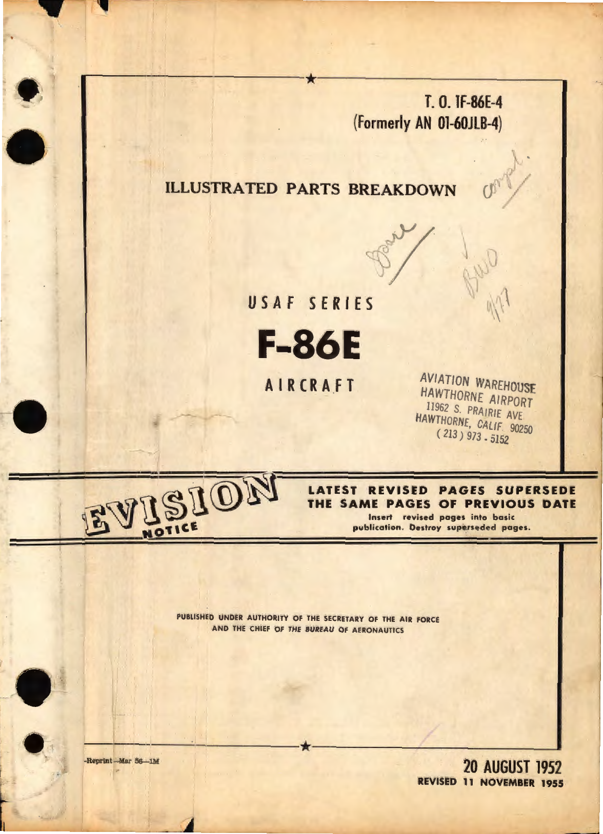 Sample page 1 from AirCorps Library document: Formerly AN 01-60JLB-4, Illustrated Parts Breakdown for USAF Series F-86E Aircraft