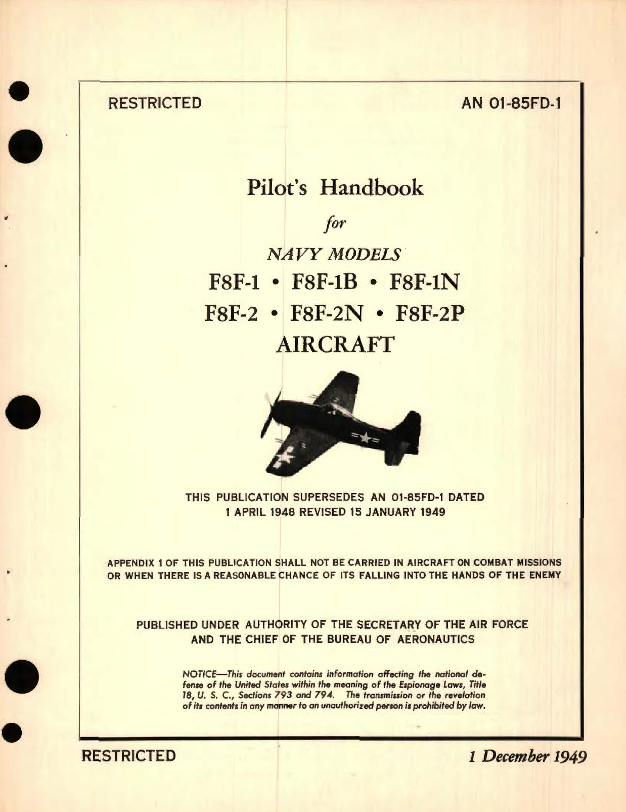 Sample page 1 from AirCorps Library document: Pilot's Handbook for Navy Models FSF-1,  FSF-1B,  F8F-1N, FSF-2, F8F-2N,  F8F-2P Aircraft