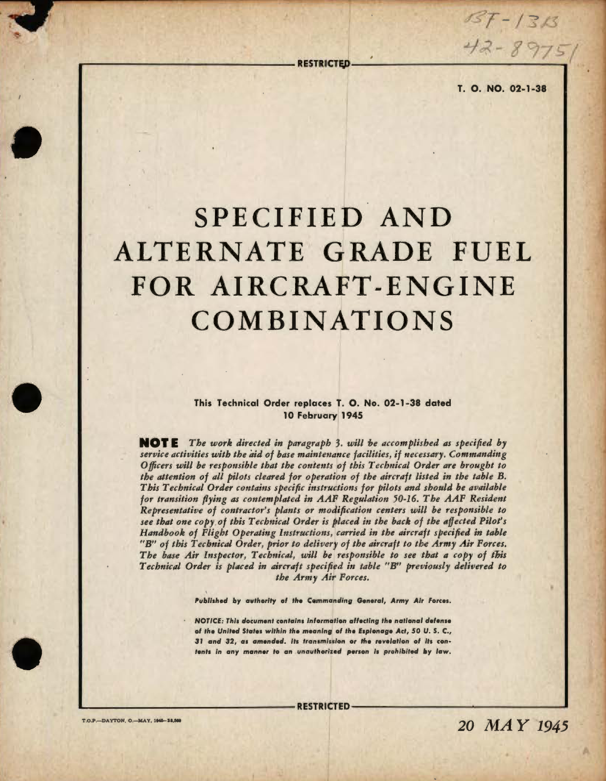 Sample page 1 from AirCorps Library document: Specified and Alternated Grade Fuel for Aircraft - Engine Combinations